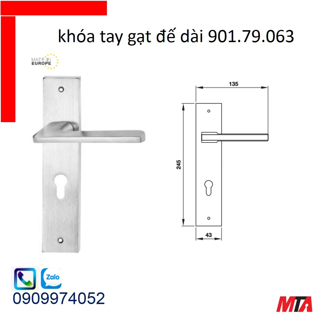 Khóa cửa hafele 901.79.063 bộ khóa tay gạt đồng thau chiều dài tay 135mm