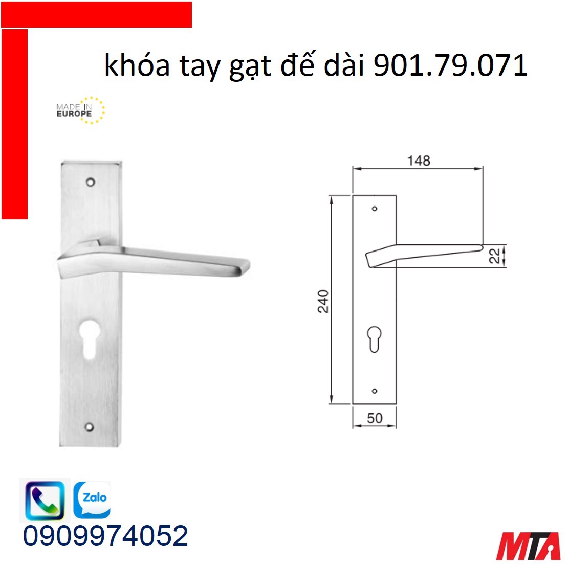 Khóa cửa hafele 901.79.071 bộ khóa tay gạt đồng thau chiều dài tay 148mm