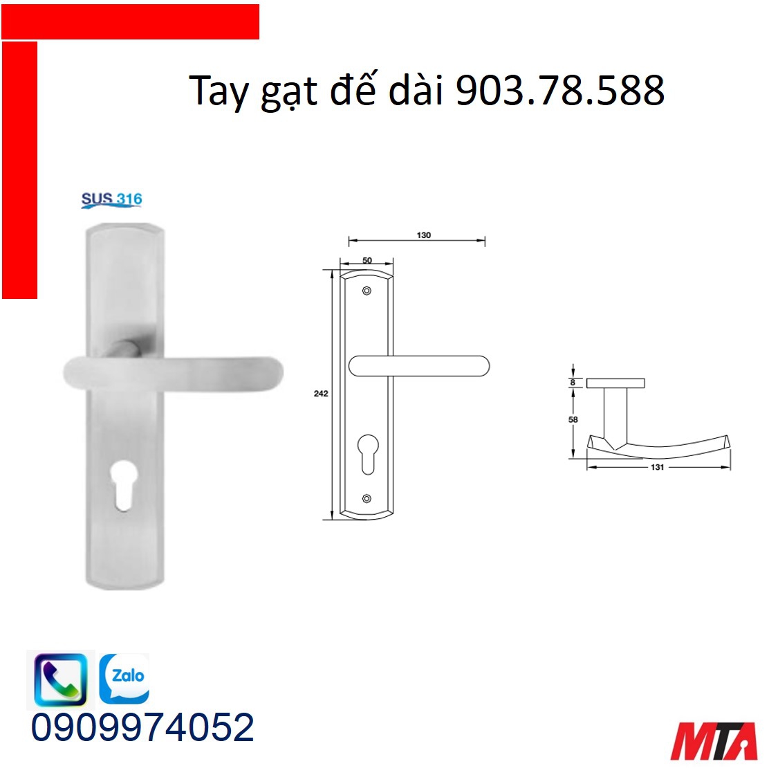 Khóa cửa hafele 903.78.588 bộ khóa tay gạt inox316 chiều dài tay 131mm