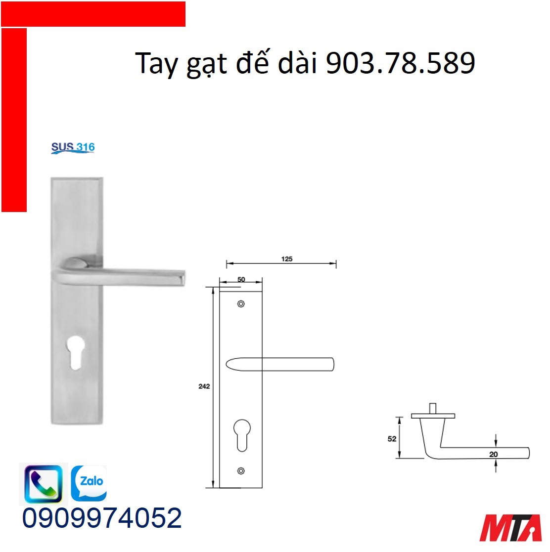 Khóa cửa hafele 903.78.589 bộ khóa tay gạt inox316 chiều dài tay 125mm