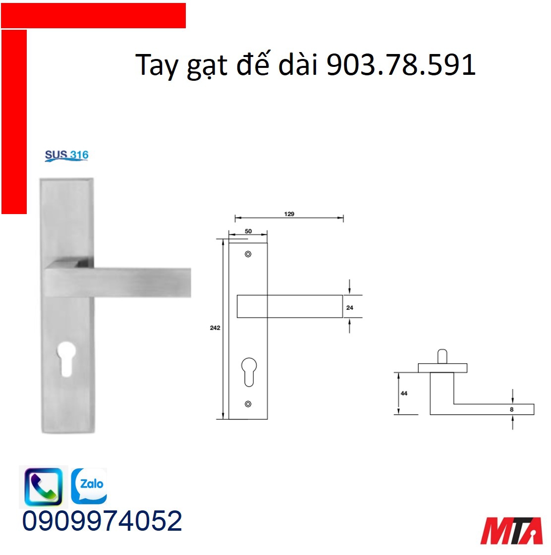 Khóa cửa hafele 903.78.591 bộ khóa tay gạt inox316 chiều dài tay 129mm
