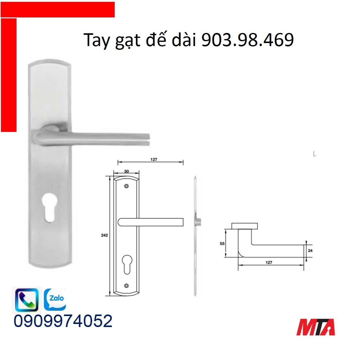 Khóa cửa hafele 903.98.469 bộ khóa tay gạt inox304 chiều dài tay 127mm