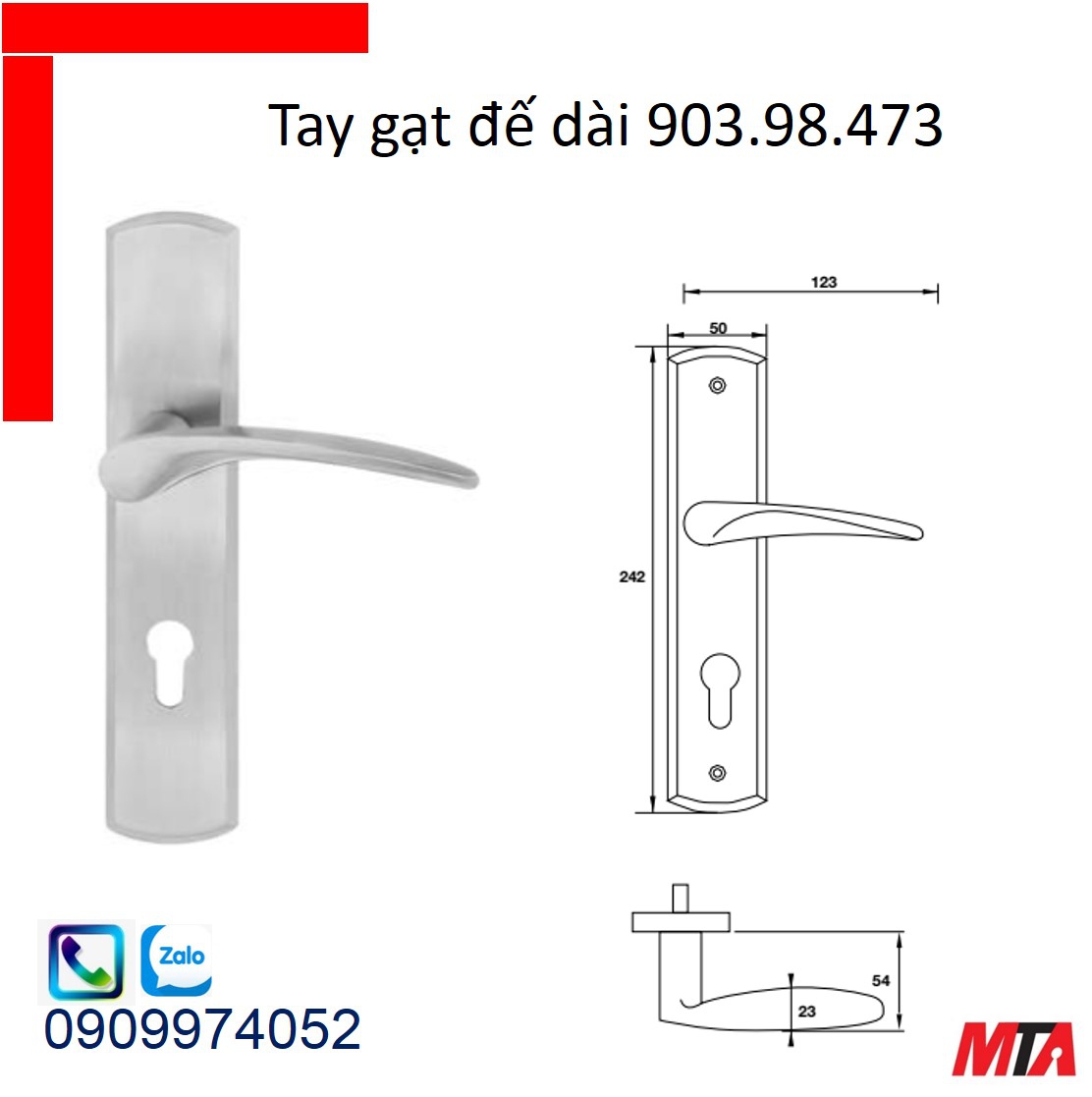 Khóa cửa hafele 903.98.473 bộ khóa tay gạt inox304 chiều dài tay 123mm
