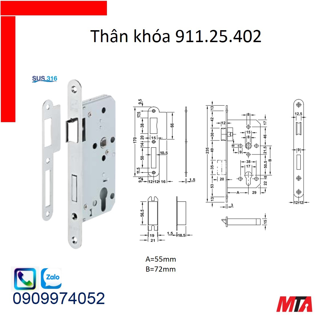 Khóa cửa hafele 903.78.589 bộ khóa tay gạt inox316 chiều dài tay 125mm