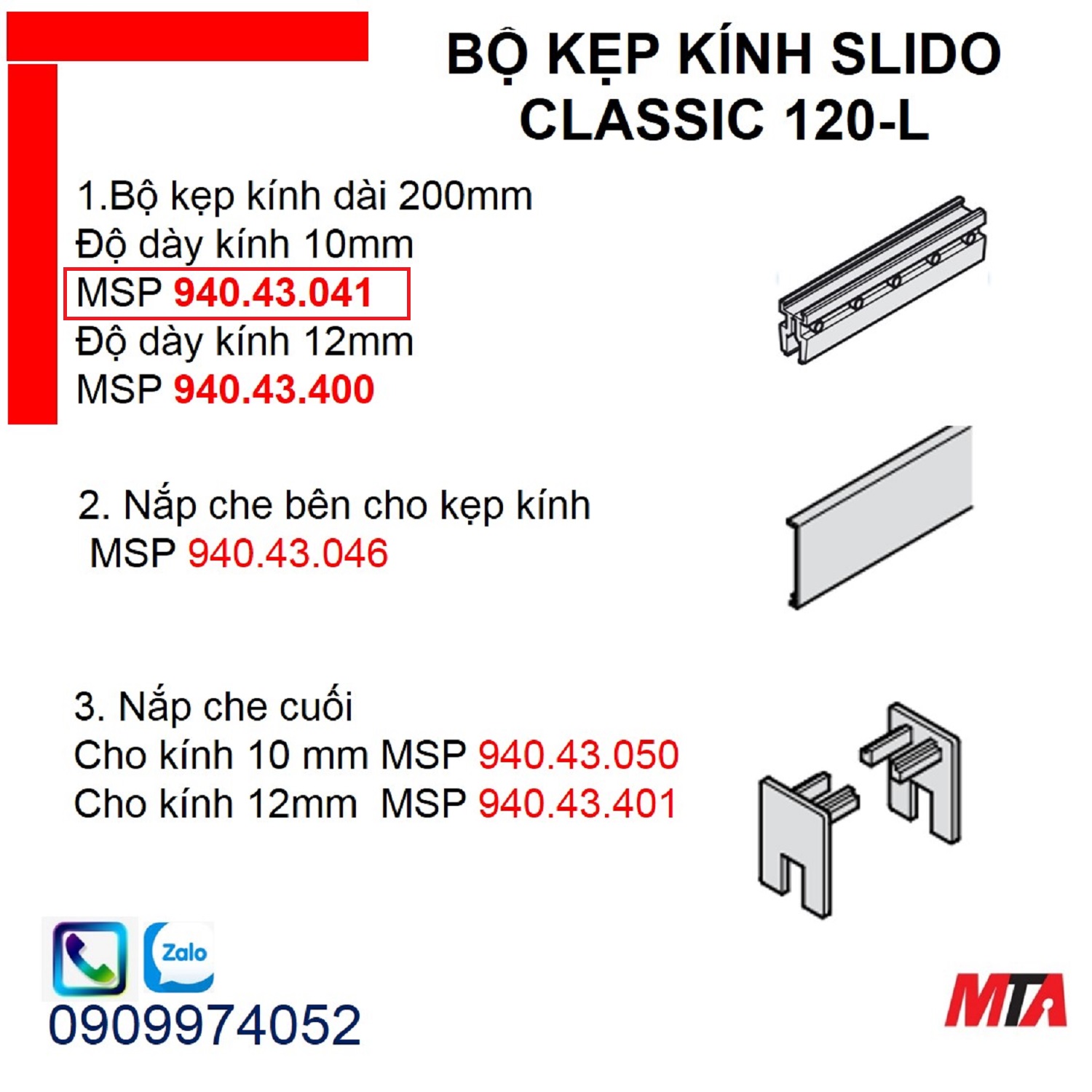 Bộ kẹp kính Slido Classic 120-L 940.43.041 kính dày 10mm