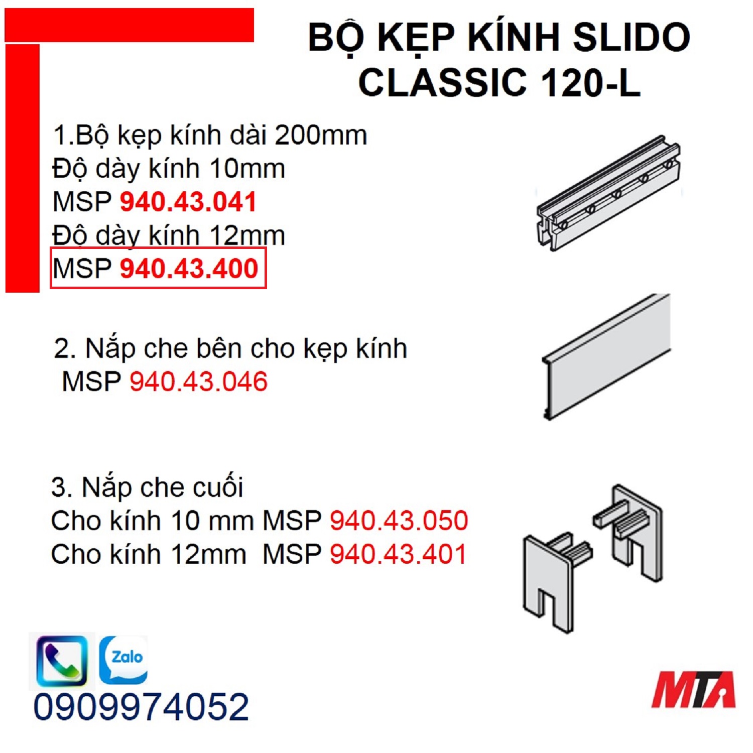 Bộ kẹp kính Slido Classic 120-L 940.43.400 kính dày 12mm