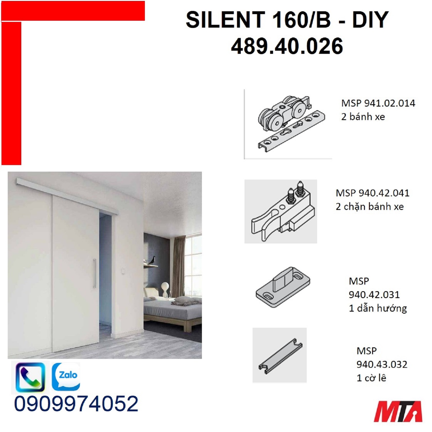 Phụ kiện cửa trượt hafele 489.40.026 Silent 160/B cửa nặng 160kg không giảm chấn