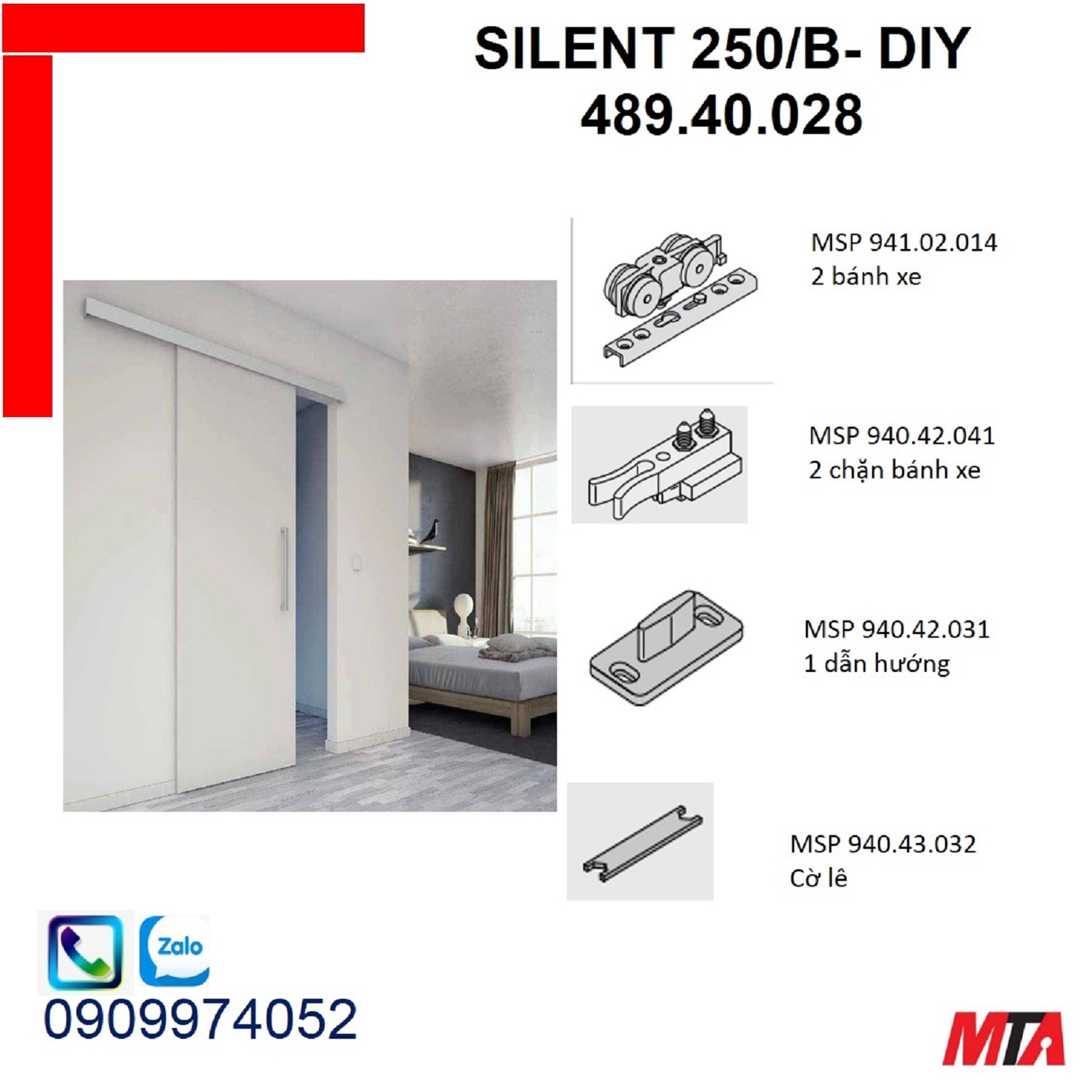 Phụ kiện cửa trượt hafele 940.40.028 Silent 250/B cửa nặng 250kg không giảm chấn