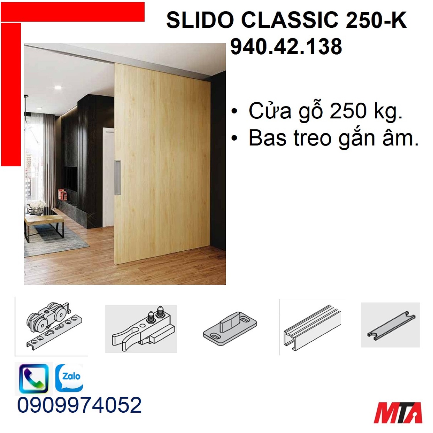 Phụ kiện cửa trượt hafele 940.42.138 Slido classic 250K cửa nặng 250kg không giảm chấn