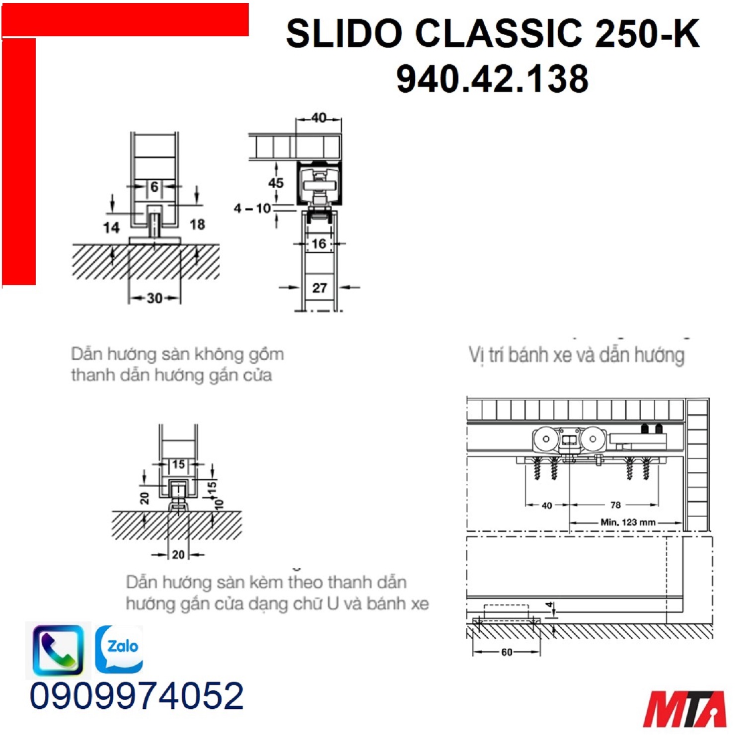 Phụ kiện cửa trượt hafele 940.42.138 Slido classic 250K cửa nặng 250kg không giảm chấn