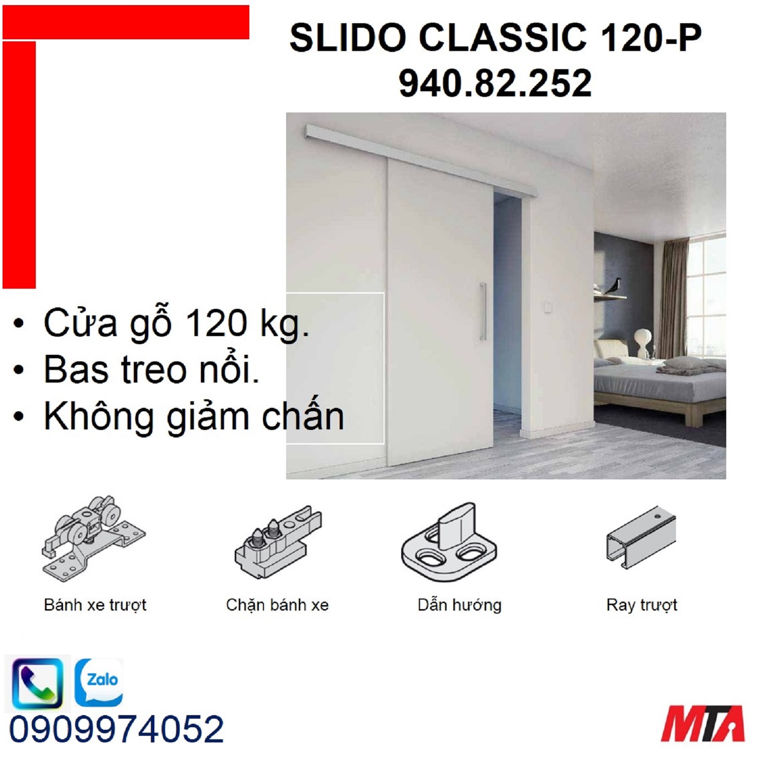 Ray trượt cửa lùa hafele 940.82.252 Slido Classic 120-P cửa nặng 120kg không giảm chấn