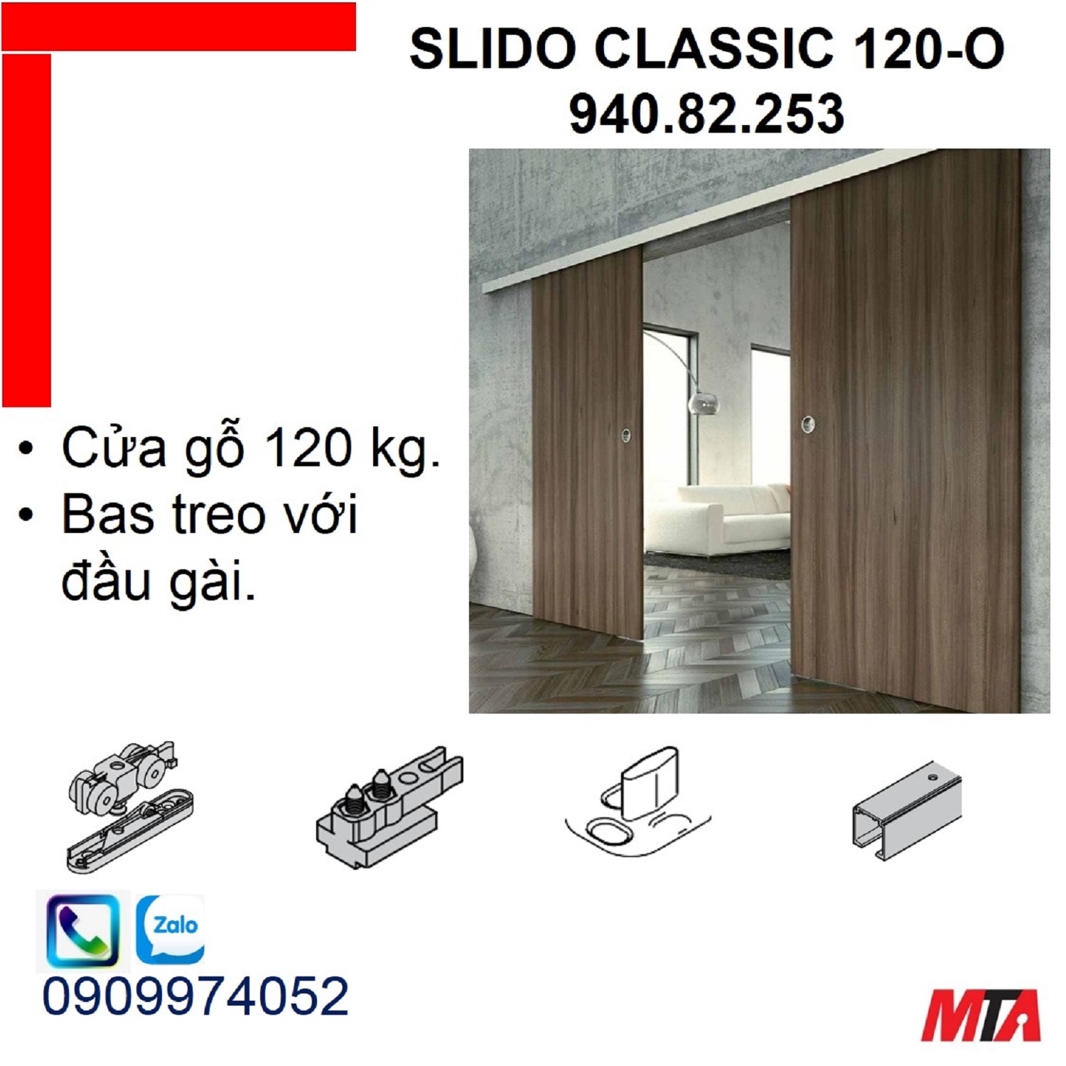 Ray trượt cửa lùa hafele 940.82.253 Slido Classic 120-O cửa nặng 120kg không giảm chấn