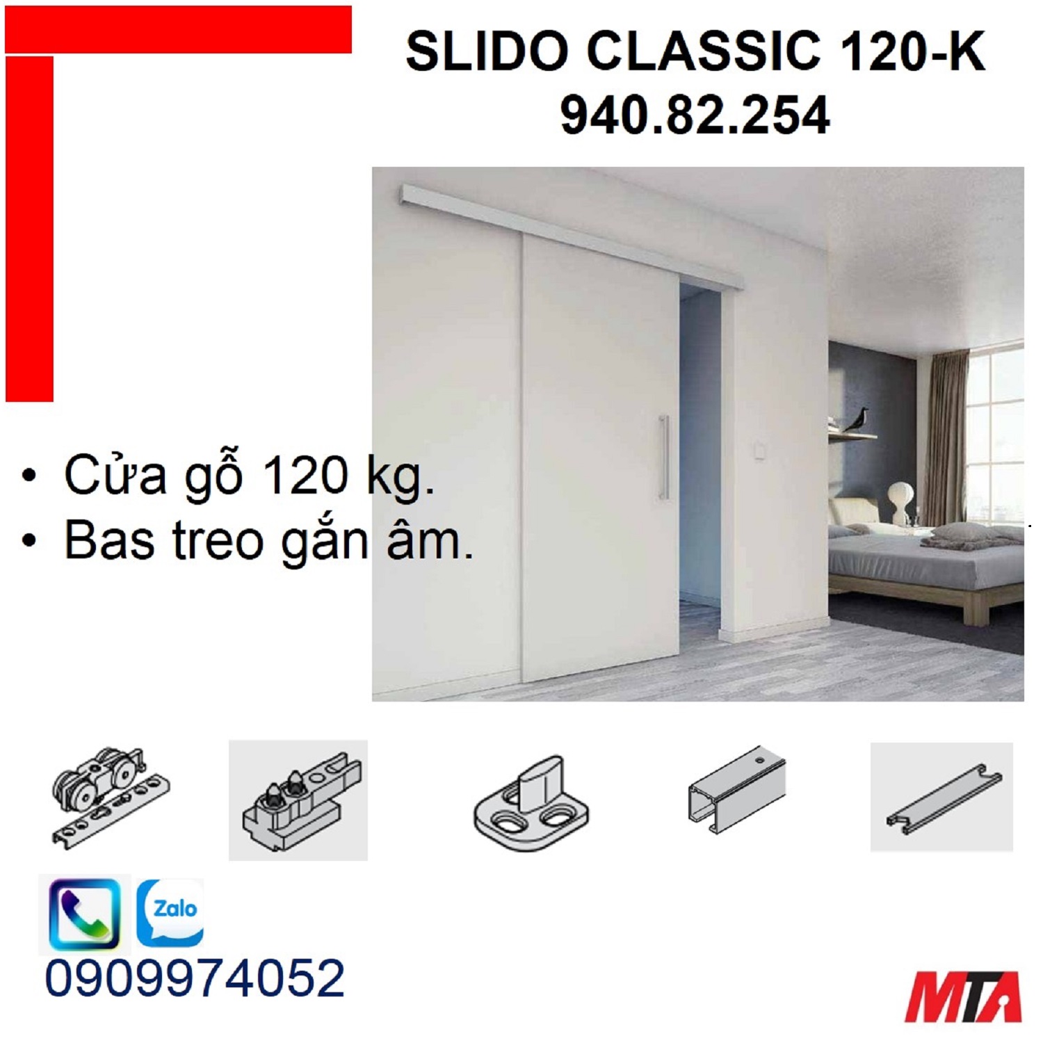 Ray trượt cửa lùa hafele 940.82.254 Slido Classic 120-K cửa nặng 120kg không giảm chấn