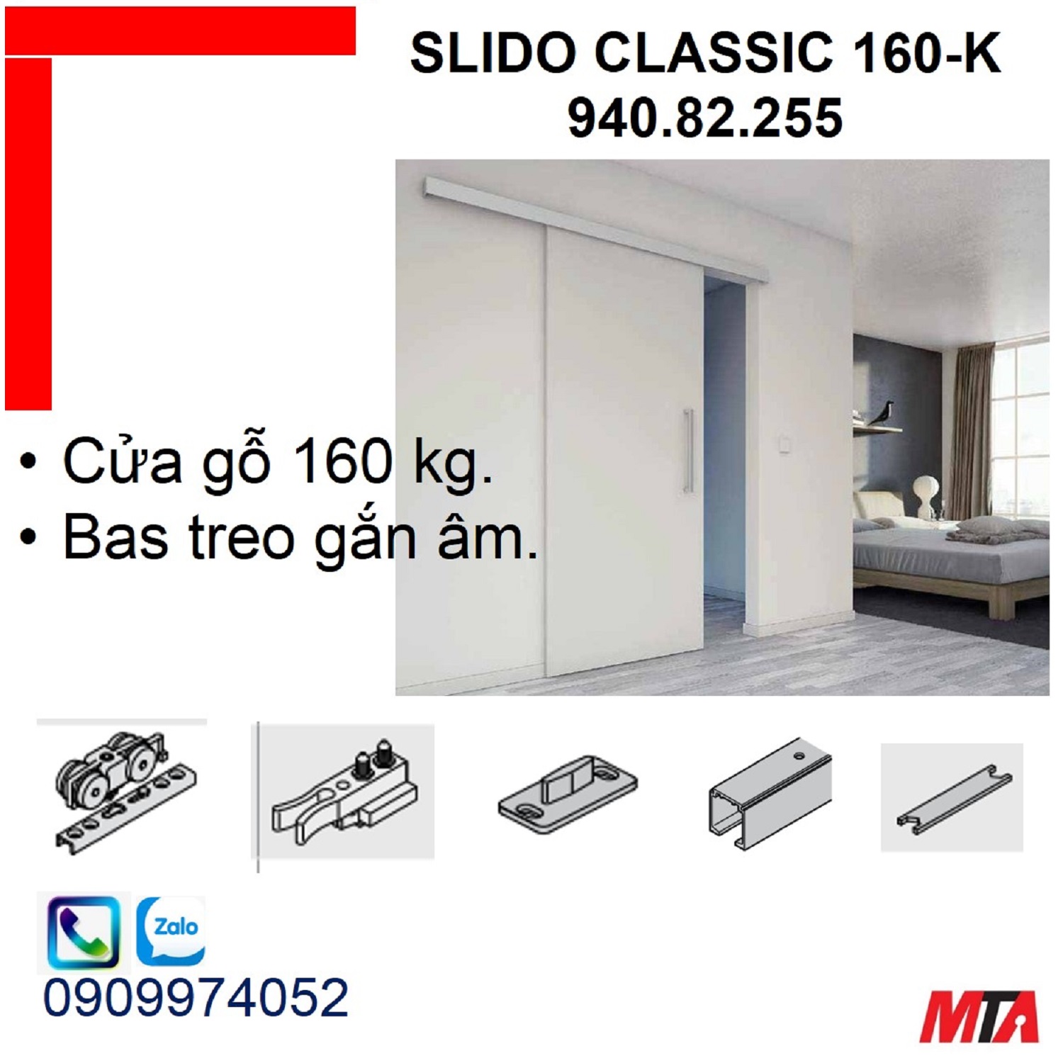 Phụ kiện cửa trượt hafele 940.82.255 Slido Classic 160-K cửa nặng 160kg không giảm chấn