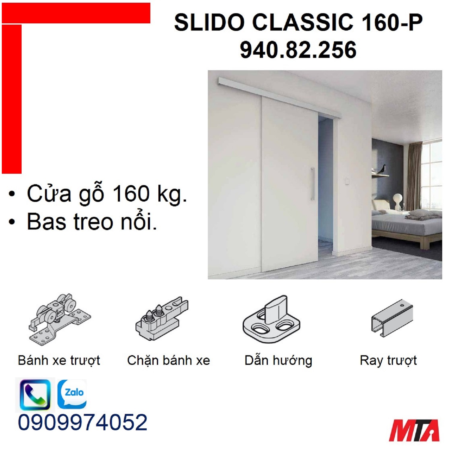 Phụ kiện cửa lùa hafele 940.82.256 Slido Classic 160-P cửa nặng 160 kg60kg không giảm chấn