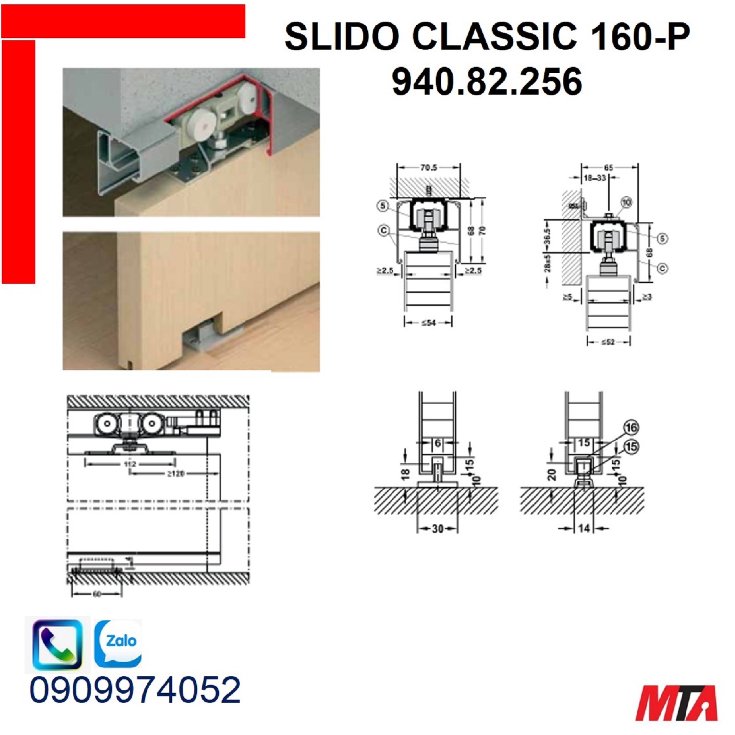 Phụ kiện cửa lùa hafele 940.82.256 Slido Classic 160-P cửa nặng 160 kg60kg không giảm chấn