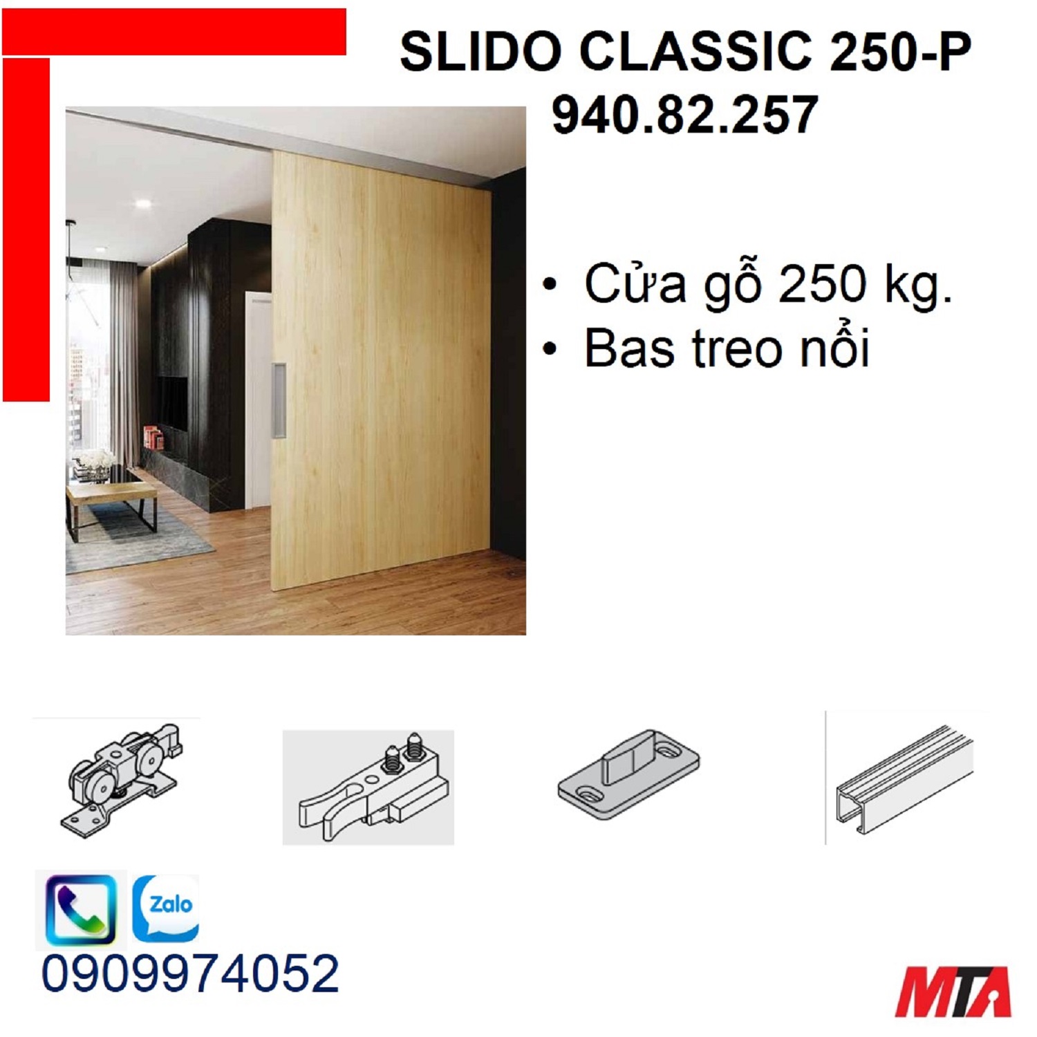 Phụ kiện cửa trượt hafele 940.82.257 Slido classic 250P cửa nặng 250kg không giảm chấn