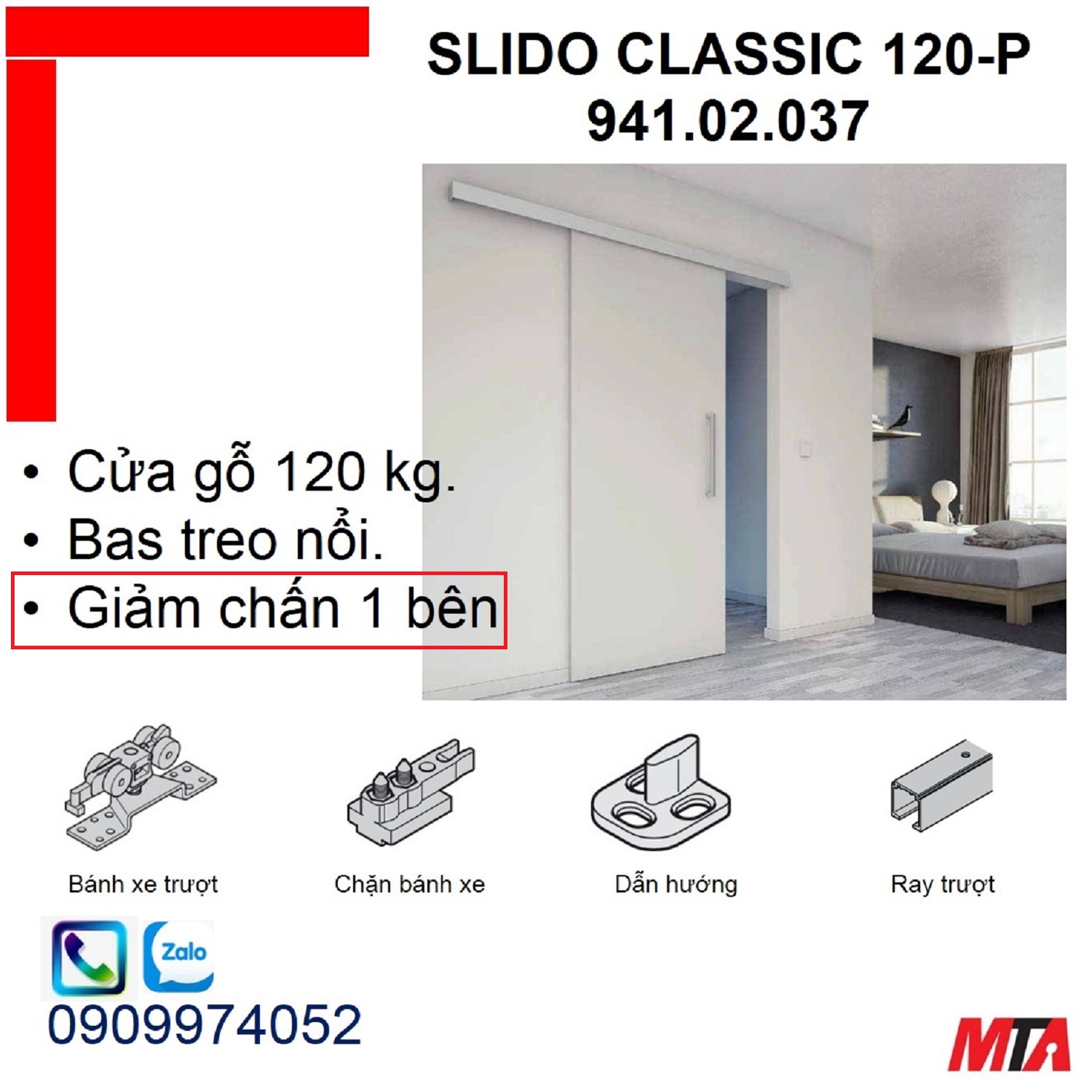 Ray trượt cửa lùa hafele 941.02.037 Slido Classic 120-P cửa nặng 120kg giảm chấn 1 bên