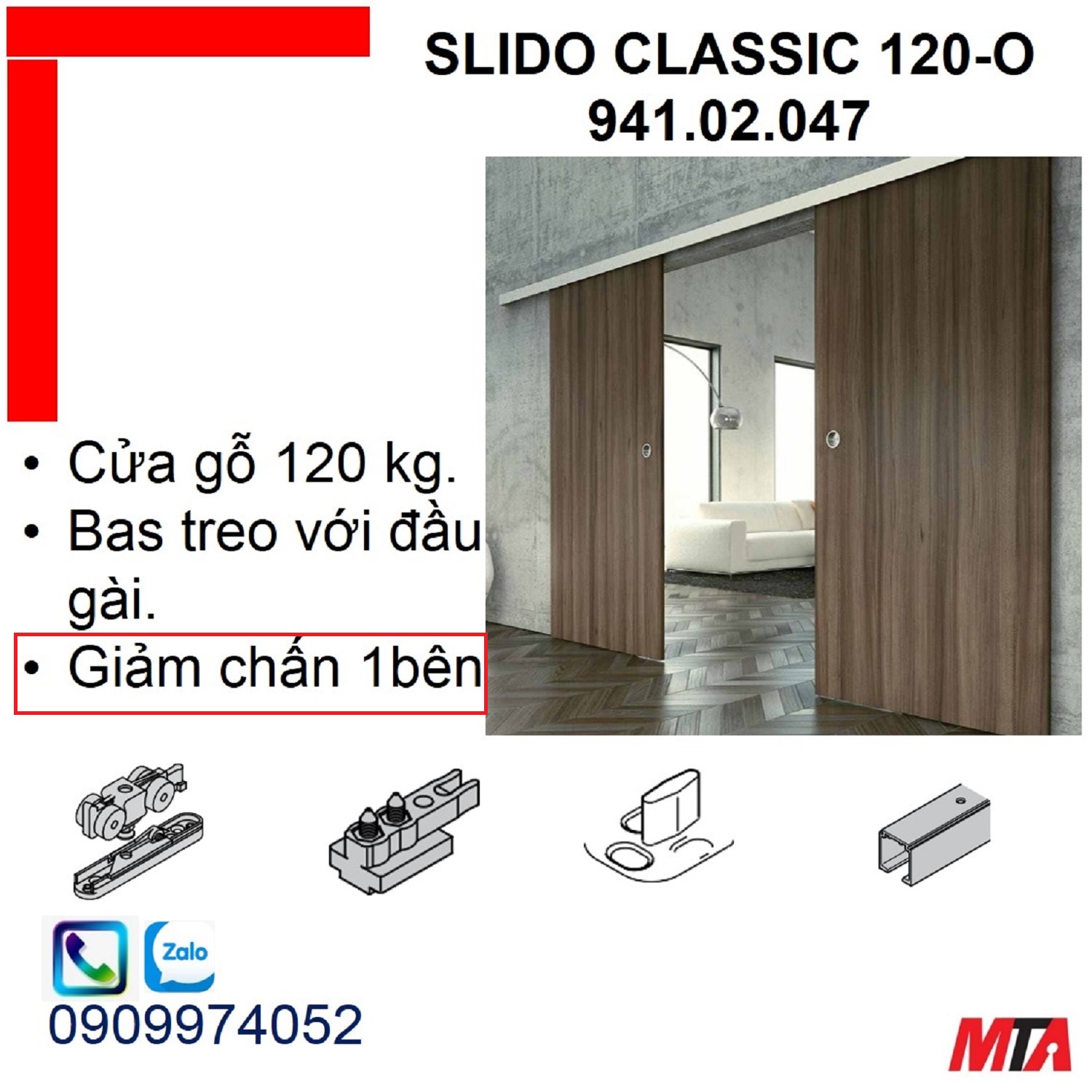 Ray trượt cửa lùa hafele 941.02.047 Slido Classic 120-O cửa nặng 120kg giảm chấn 1 bên