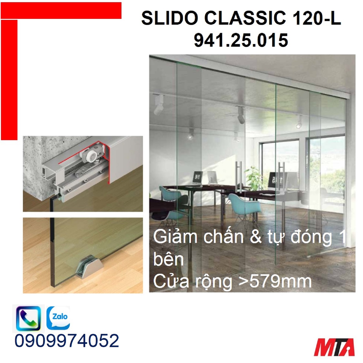 Phụ kiện cửa trượt kính Hafele 941.25.015 Slido Classic 120-N giảm chấn 1 bên