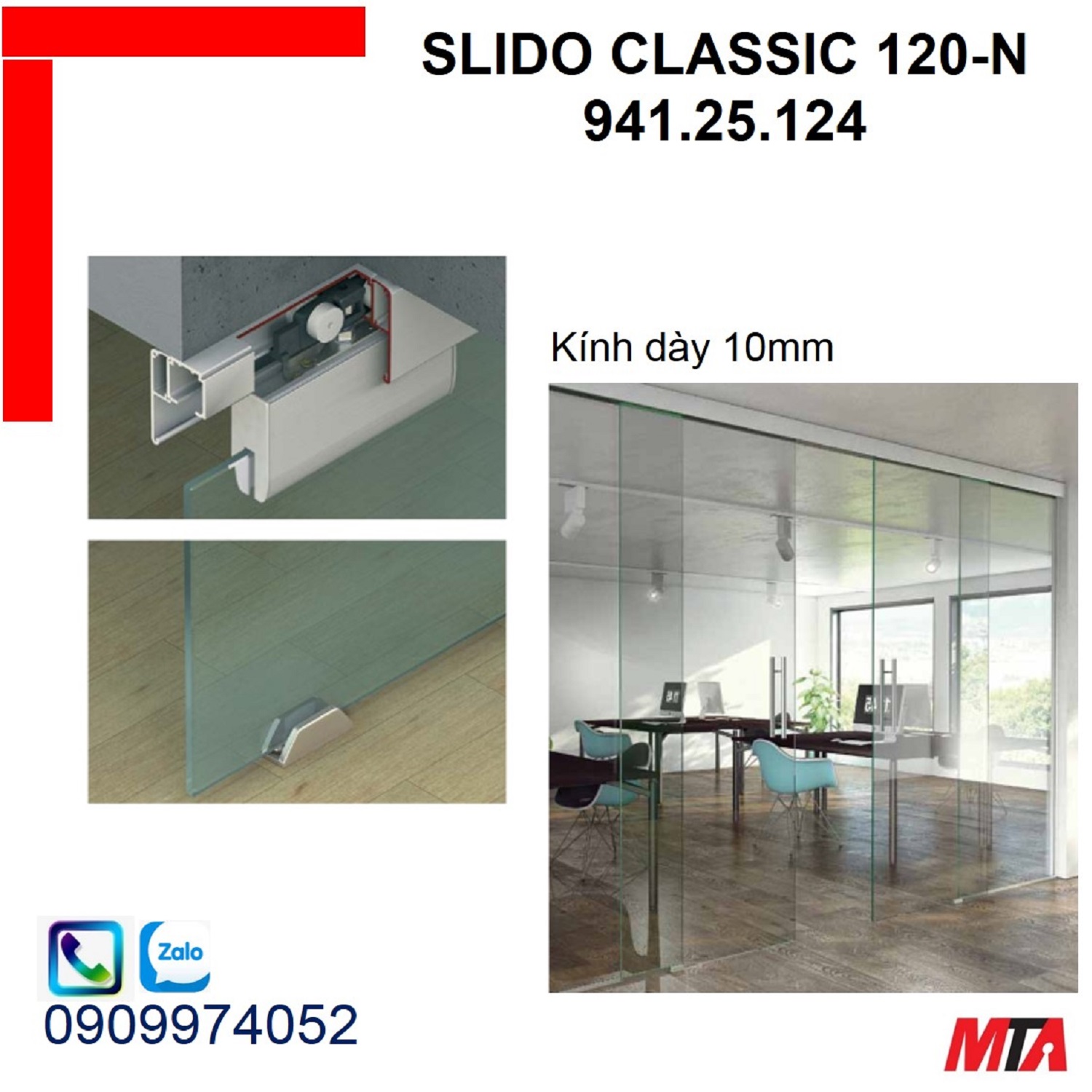 Phụ kiện cửa trượt Hafele 941.25.124 Slido Classic 120-N cho cửa kính dày 10mm