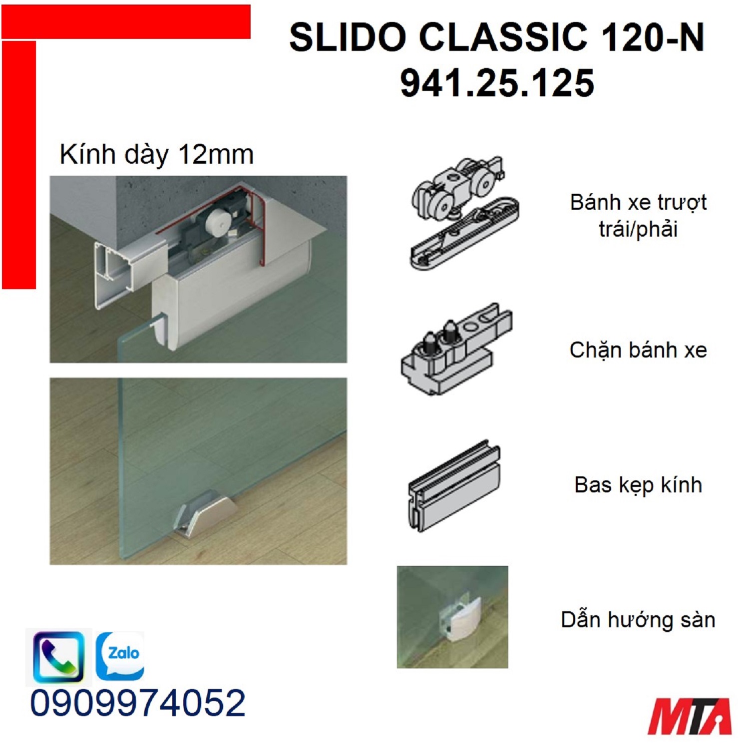 Phụ kiện cửa trượt Hafele 941.25.124 Slido Classic 120-N cho cửa kính dày 10mm