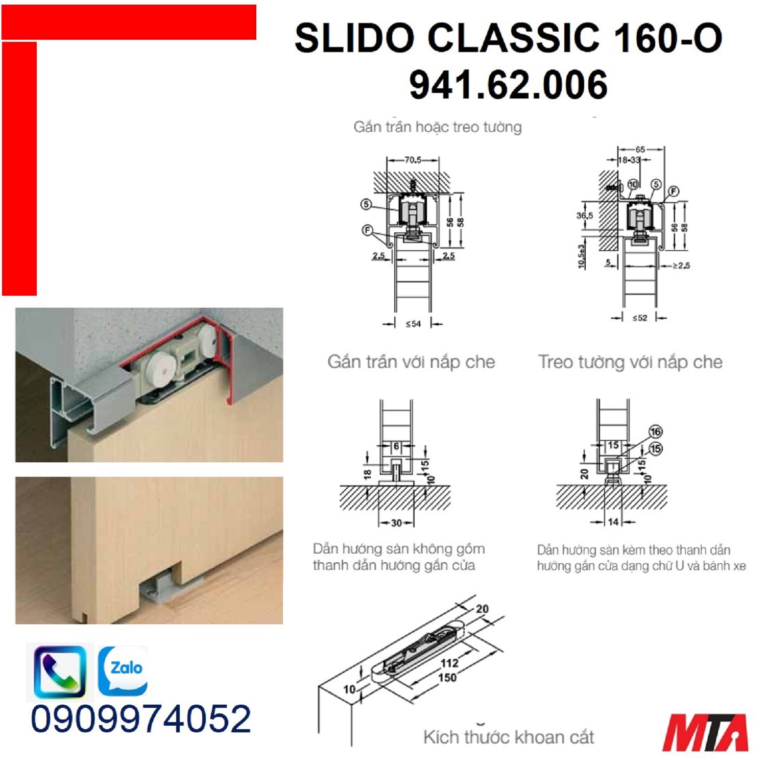 Phụ kiện cửa trượt hafele 941.60.006 Slido Classic 160-O cửa nặng 160kg không giảm chấn