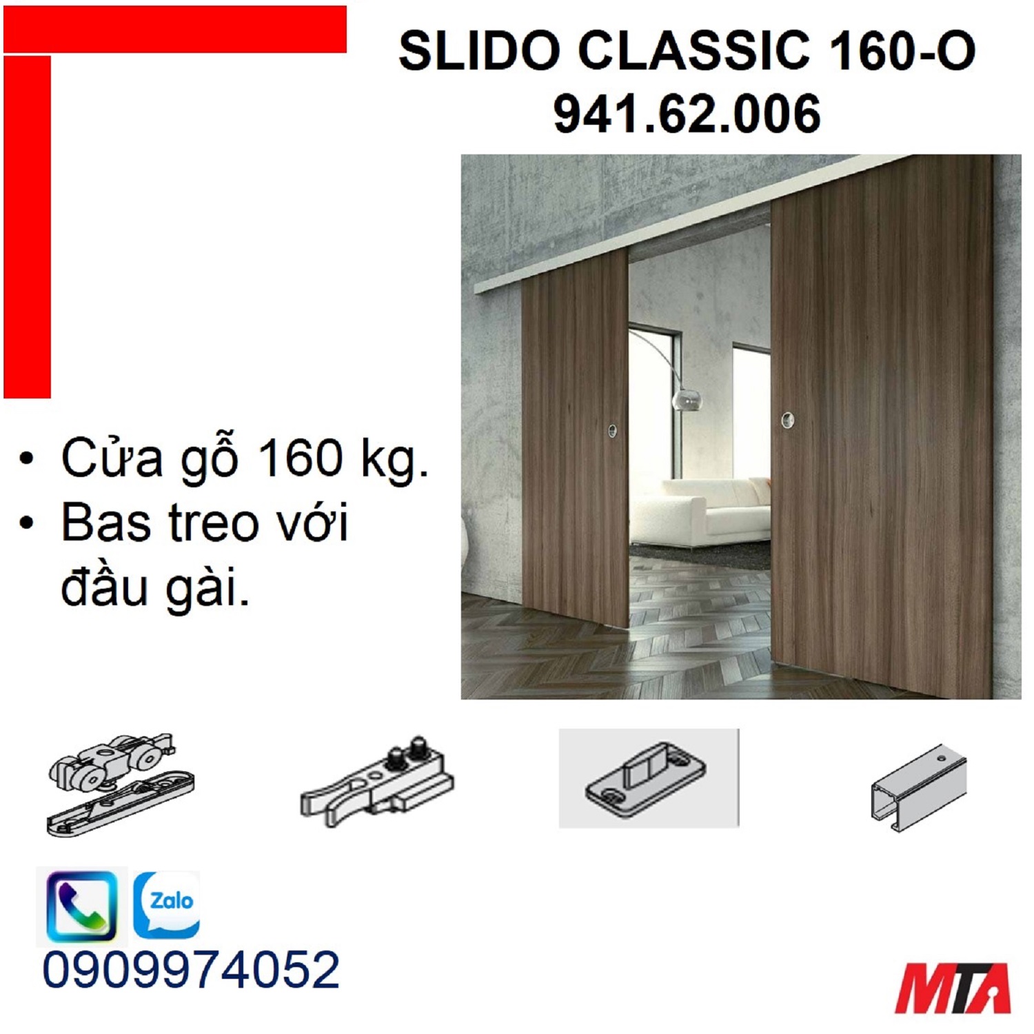 Phụ kiện cửa trượt hafele 941.60.006 Slido Classic 160-O cửa nặng 160kg không giảm chấn