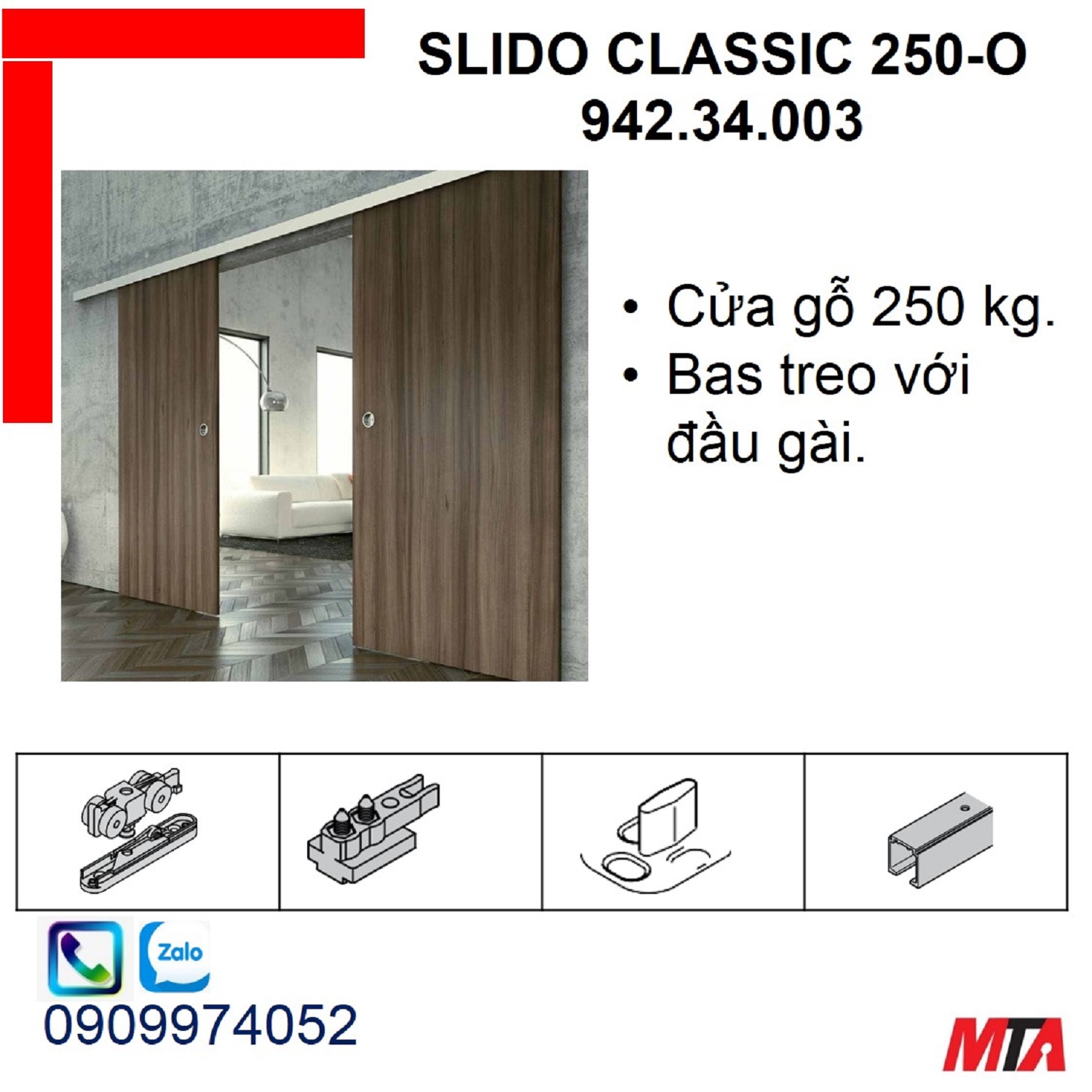 Phụ kiện cửa trượt hafele 942.34.003 Slido classic 250-O cửa nặng 250kg không giảm chấn