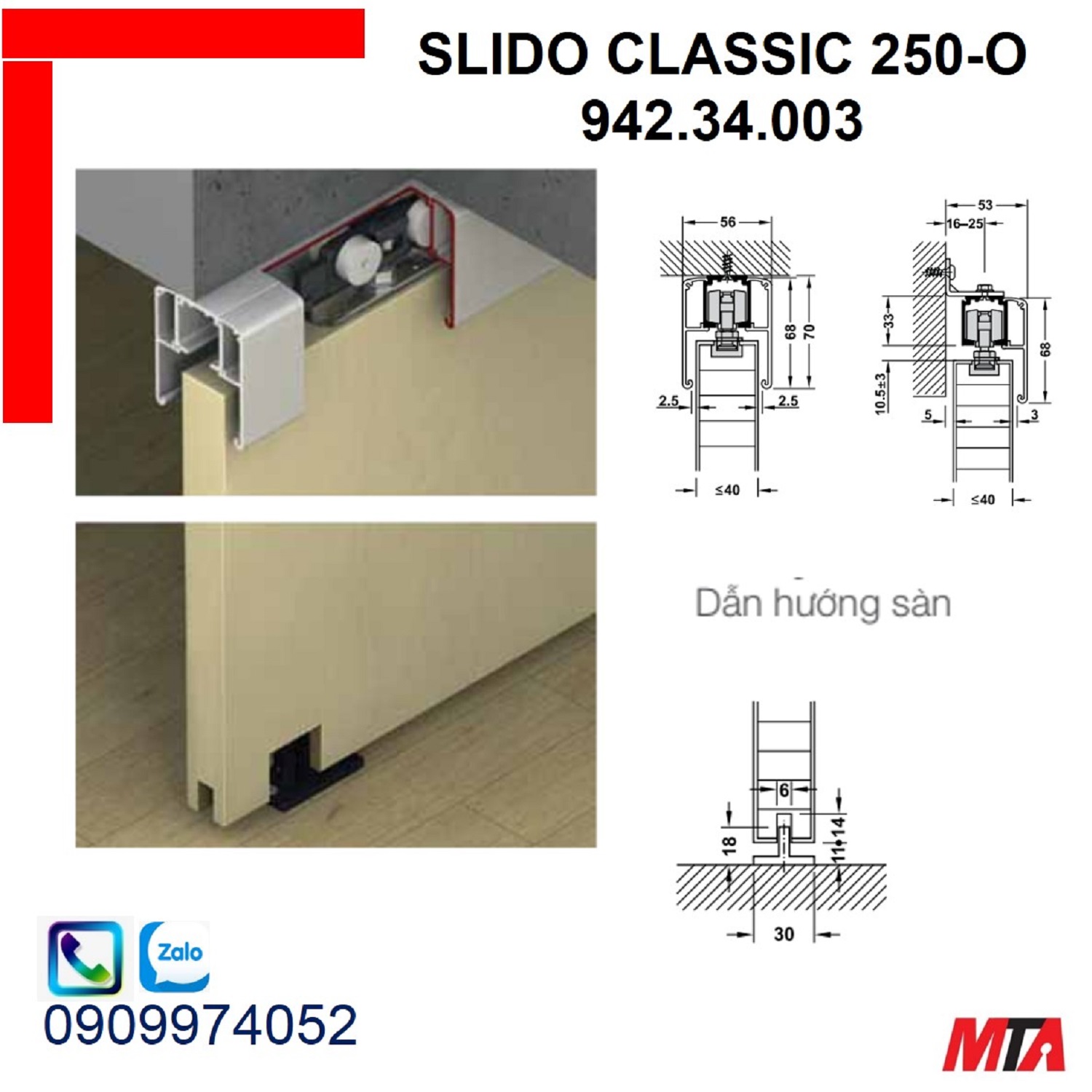 Phụ kiện cửa trượt hafele 942.34.003 Slido classic 250-O cửa nặng 250kg không giảm chấn