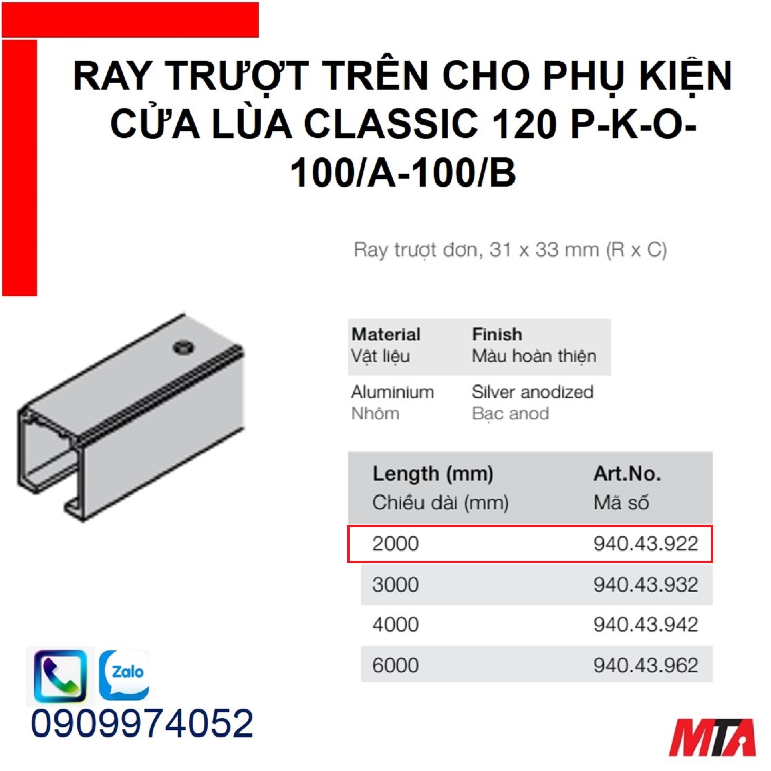 Phụ kiện cửa lùa hafele 940.43.922 ray trượt trên Slido classic chiều dài 2000mm