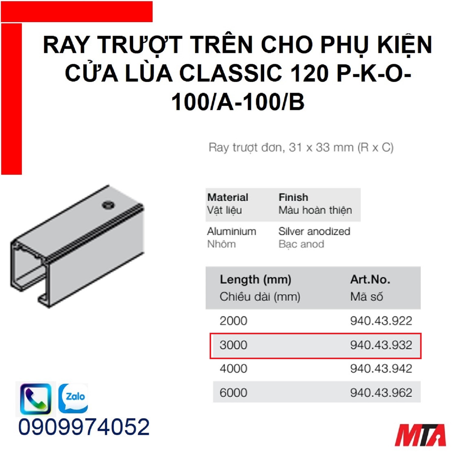 Phụ kiện cửa lùa hafele 940.43.932 ray trượt trên Slido classic chiều dài 3000mm