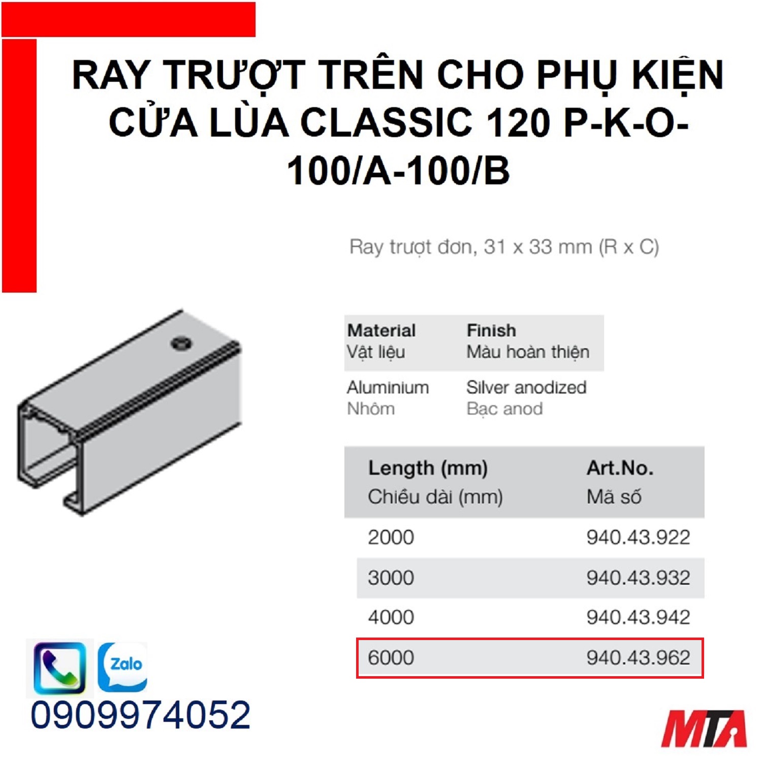 Phụ kiện cửa lùa hafele 940.43.962 ray trượt trên Slido classic chiều dài 6000mm