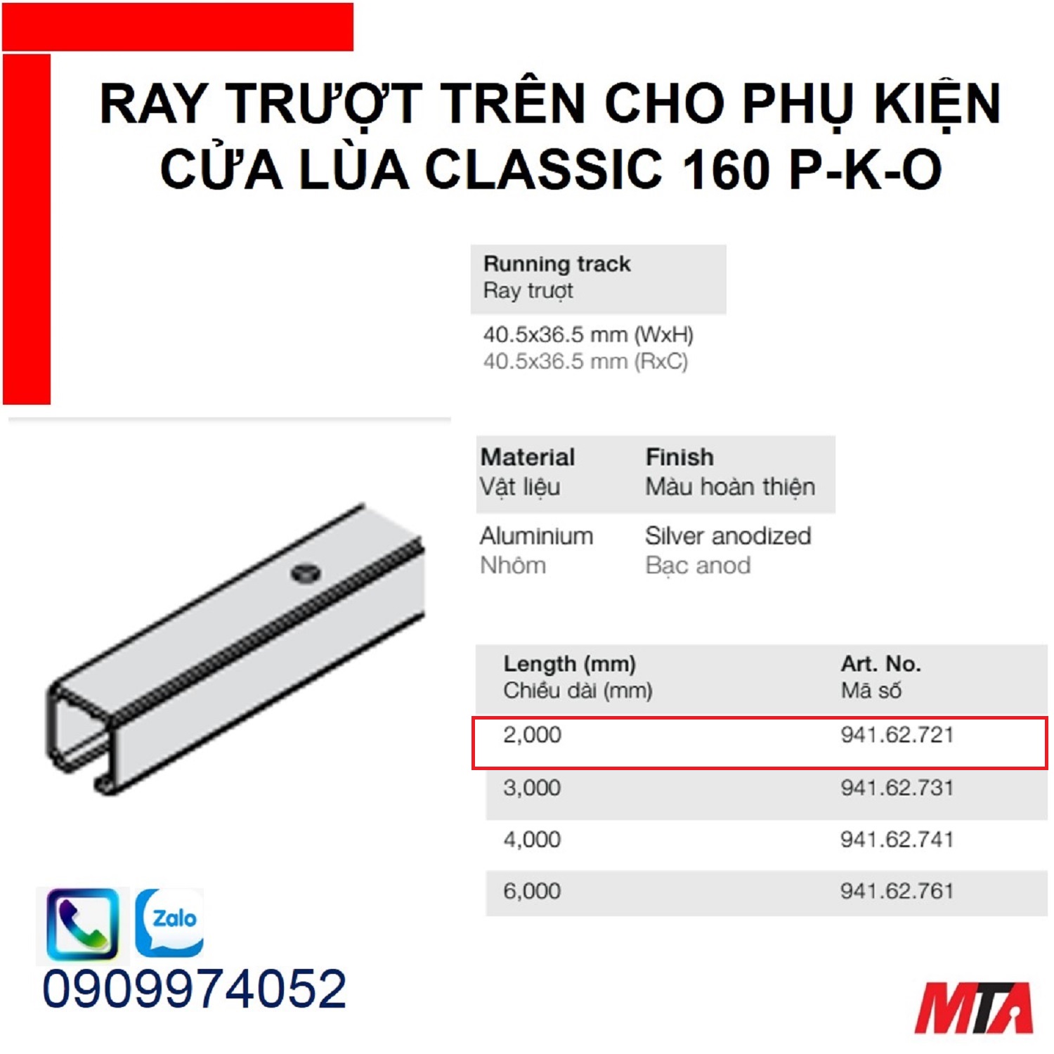 Phụ kiện cửa lùa hafele 941.62.721 ray trượt trên Slido classic chiều dài 2000mm