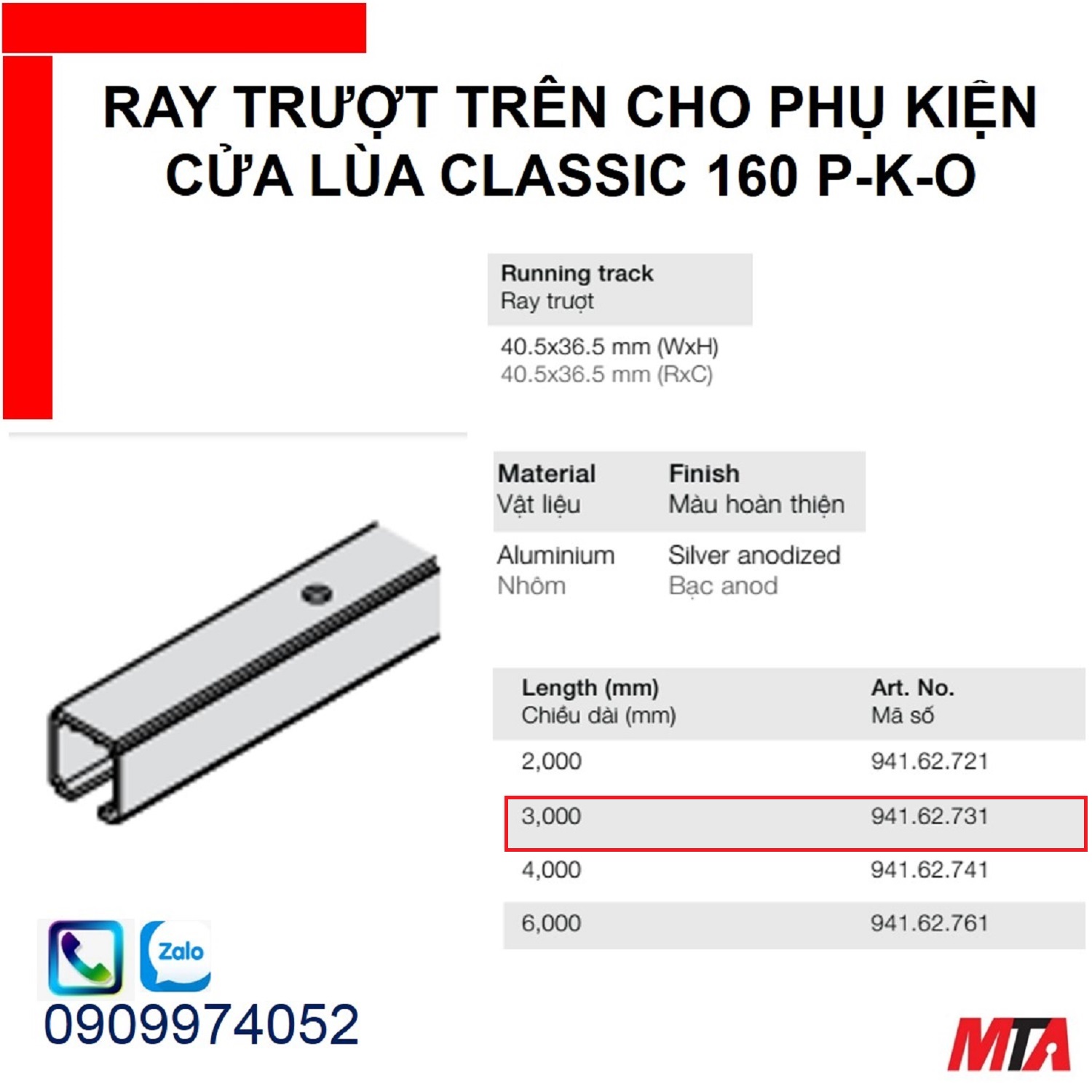 Phụ kiện cửa lùa hafele 941.62.731 ray trượt trên Slido classic chiều dài 3000mm