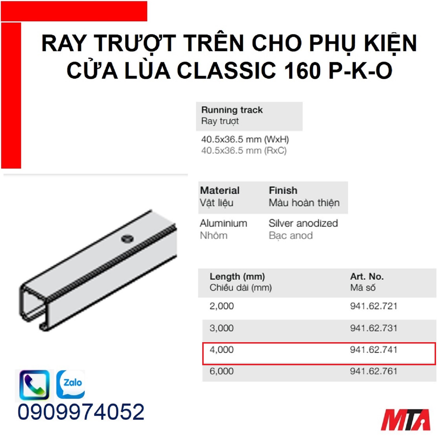 Phụ kiện cửa lùa hafele 941.62.741 ray trượt trên Slido classic chiều dài 4000mm