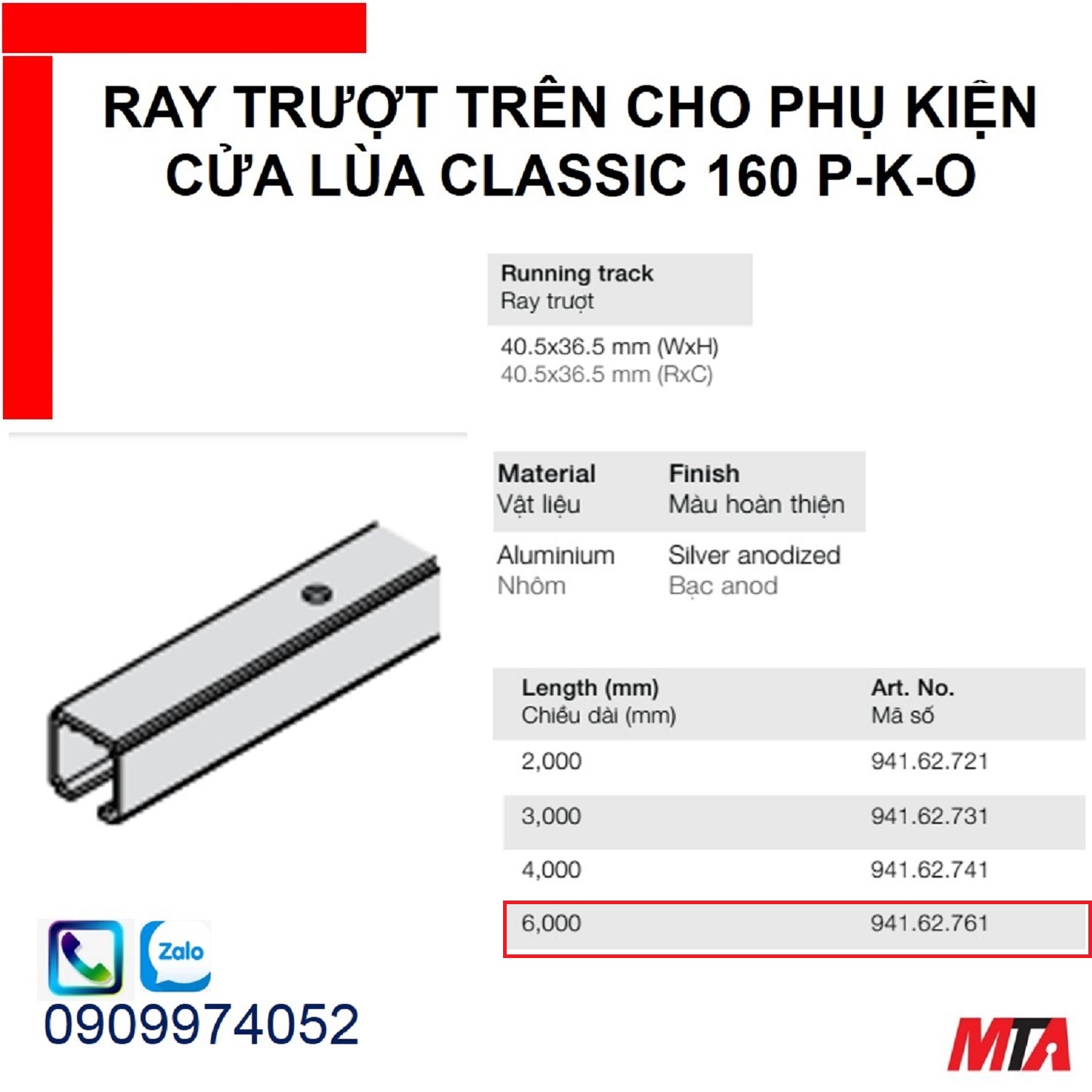 Phụ kiện cửa lùa hafele 941.62.761 ray trượt trên Slido classic chiều dài 6000mm