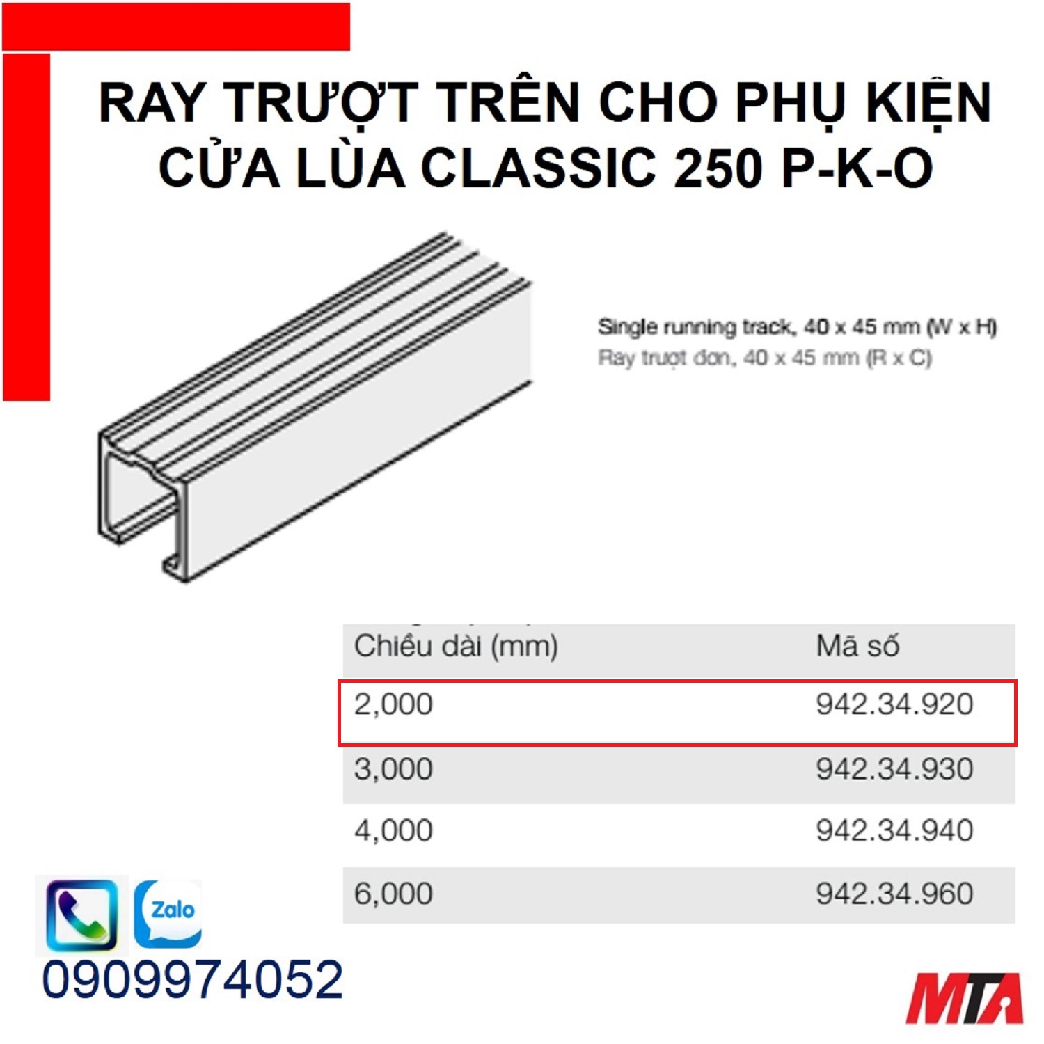 Phụ kiện cửa lùa hafele 942.34.920 ray trượt trên Slido classic 250P/K/O chiều dài 2000mm