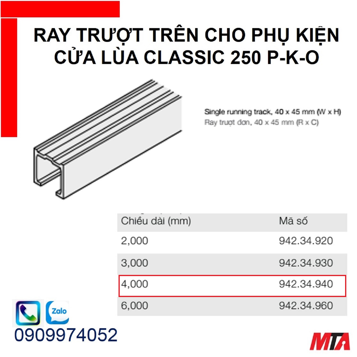 Phụ kiện cửa lùa hafele 942.34.940 ray trượt trên Slido classic 250P/K/O chiều dài 4000mm