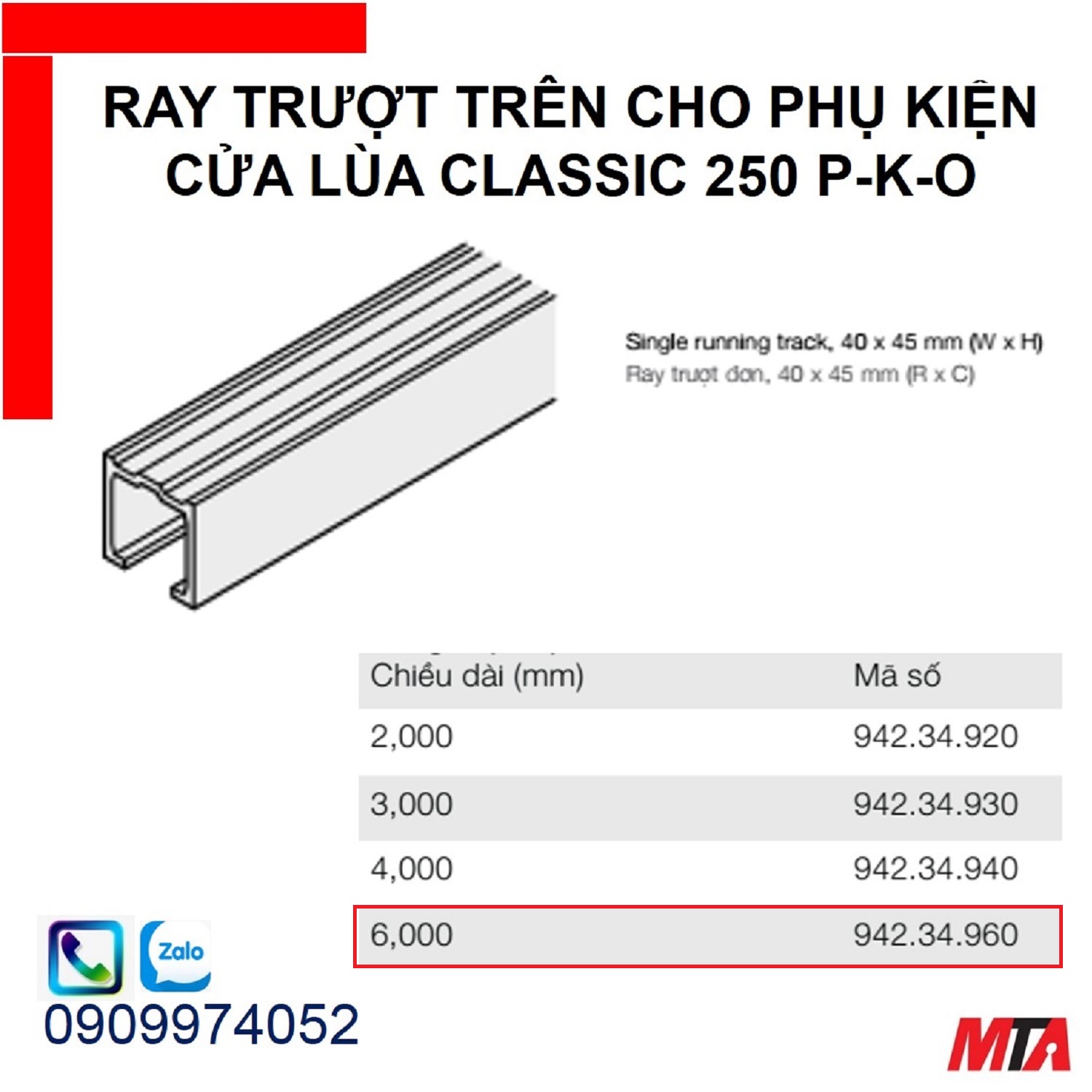 Phụ kiện cửa lùa hafele 942.34.960 ray trượt trên Slido classic 250P/K/O chiều dài 6000mm