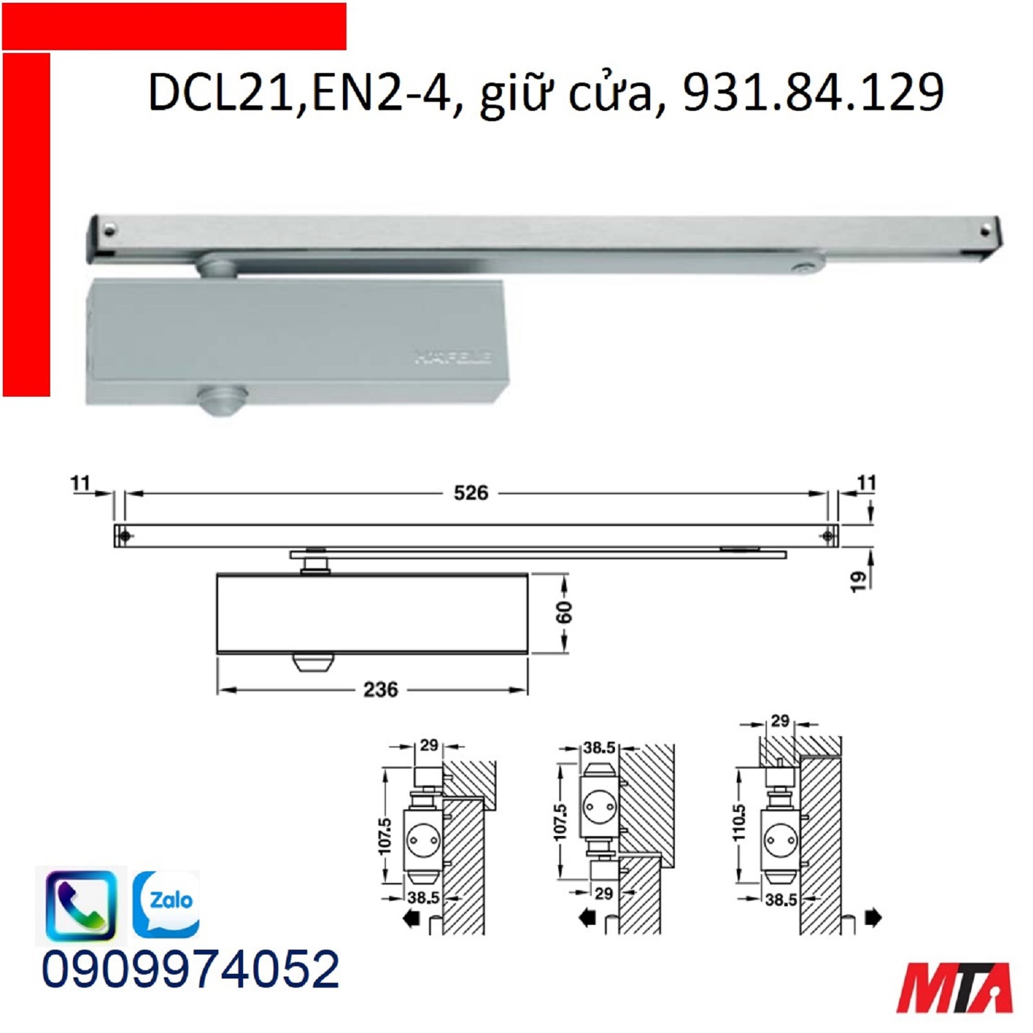 Tay co thủy lực hafele 931.84.129 giữ cửa cửa nặng tối đa 80kg rộng max 1100mm