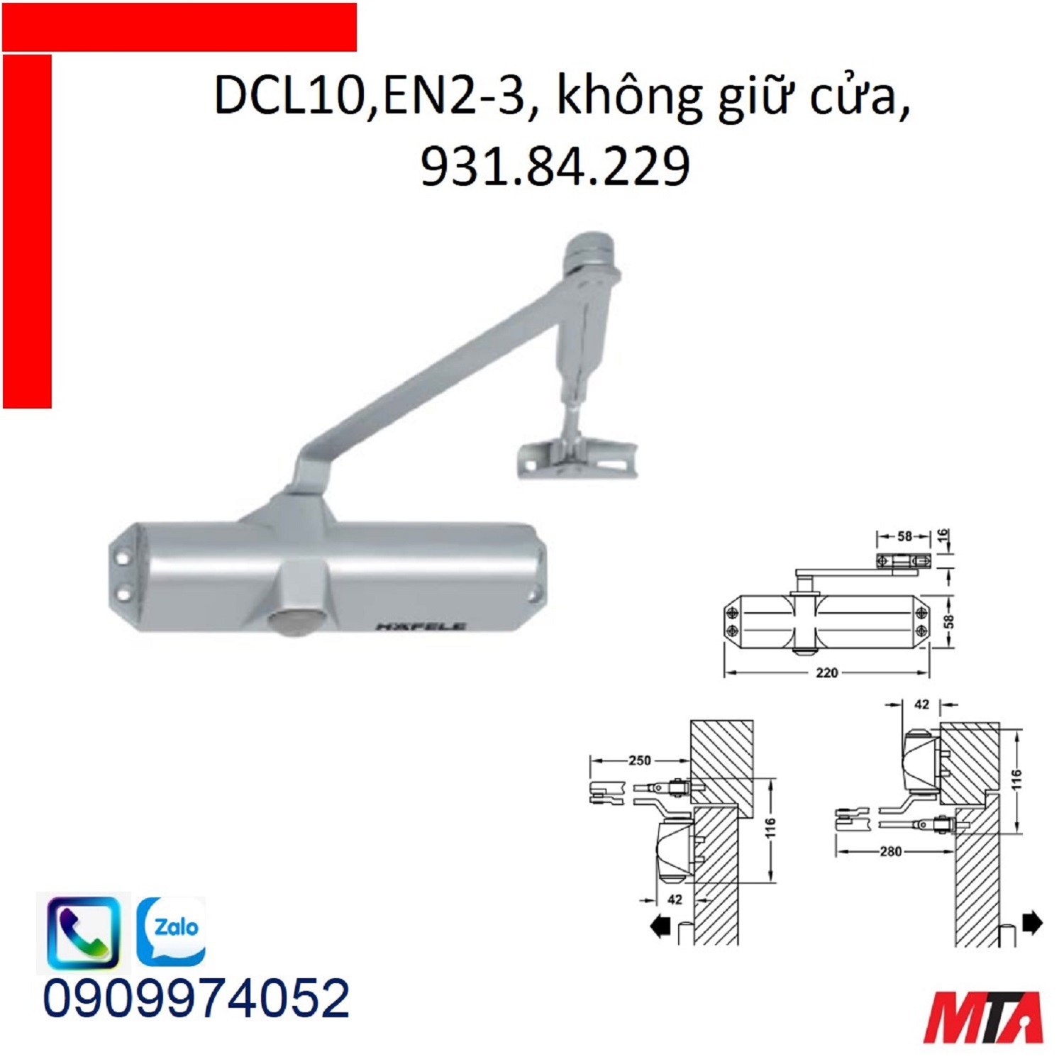 Tay co thủy lực hafele 931.84.229 giữ cửa cửa nặng tối đa 60kg rộng max 950mm