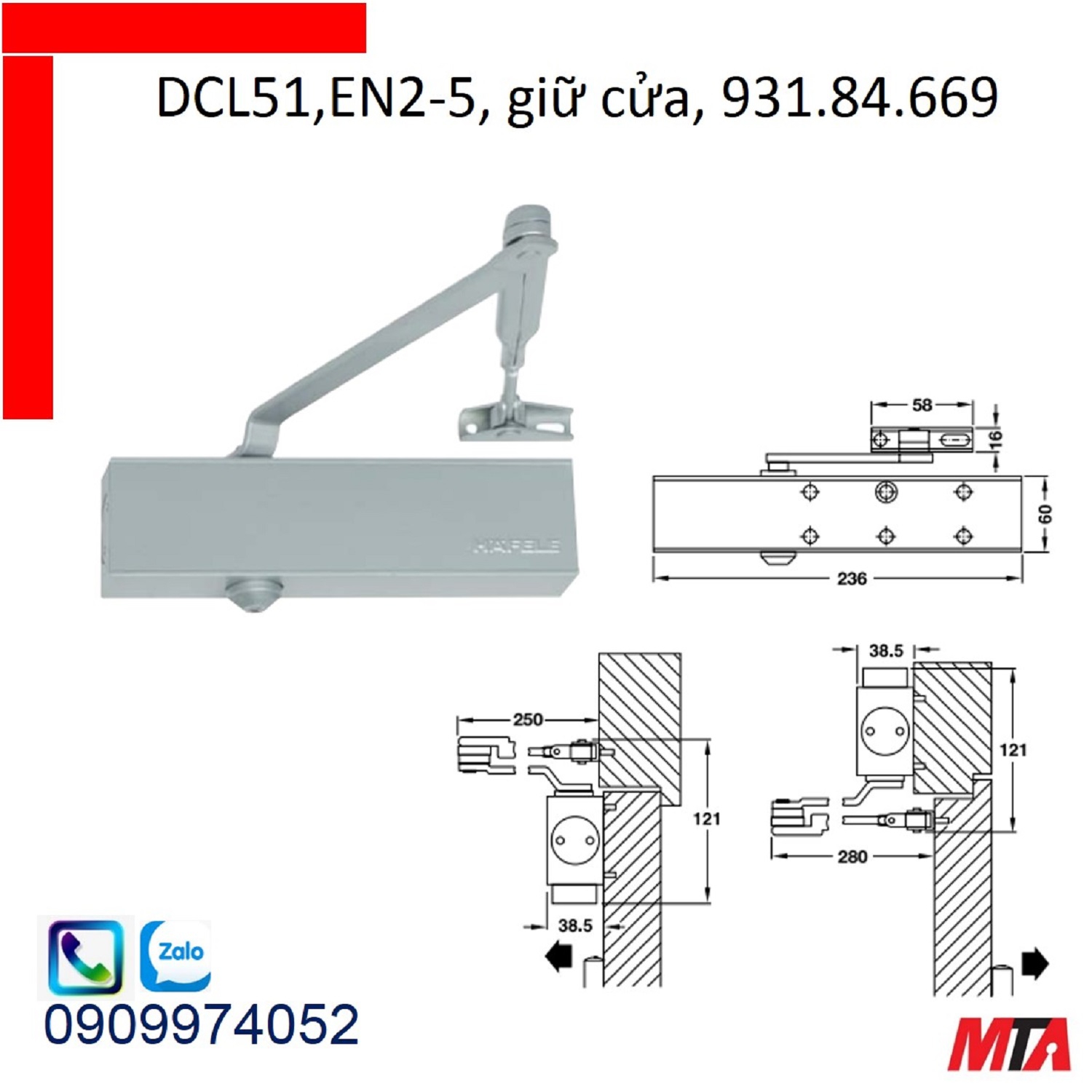 Tay co thủy lực hafele 931.84.669 giữ cửa cửa nặng tối đa 100kg rộng max 1250mm