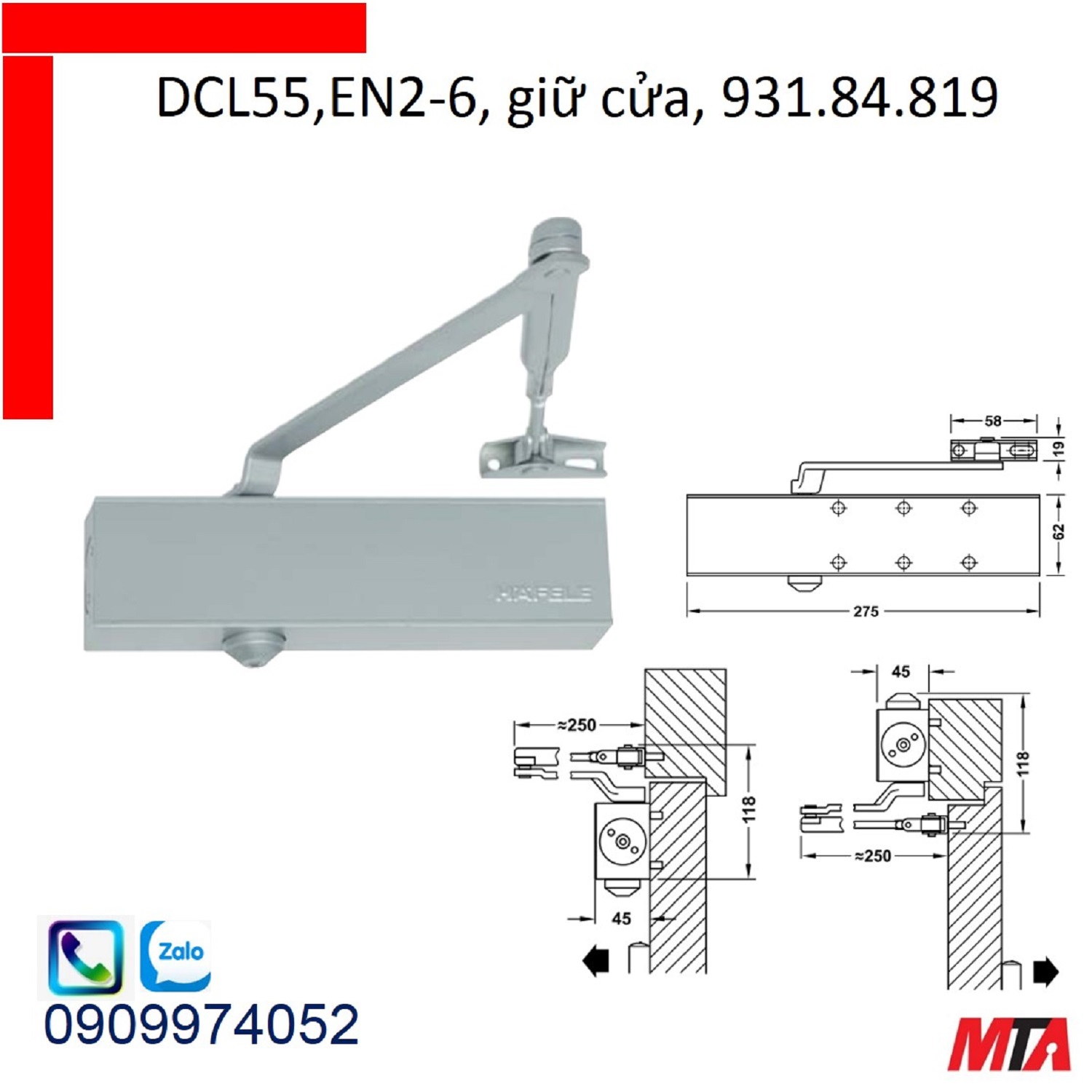 Tay co thủy lực hafele 931.84.819 giữ cửa cửa nặng tối đa 150kg rộng max 1400mm