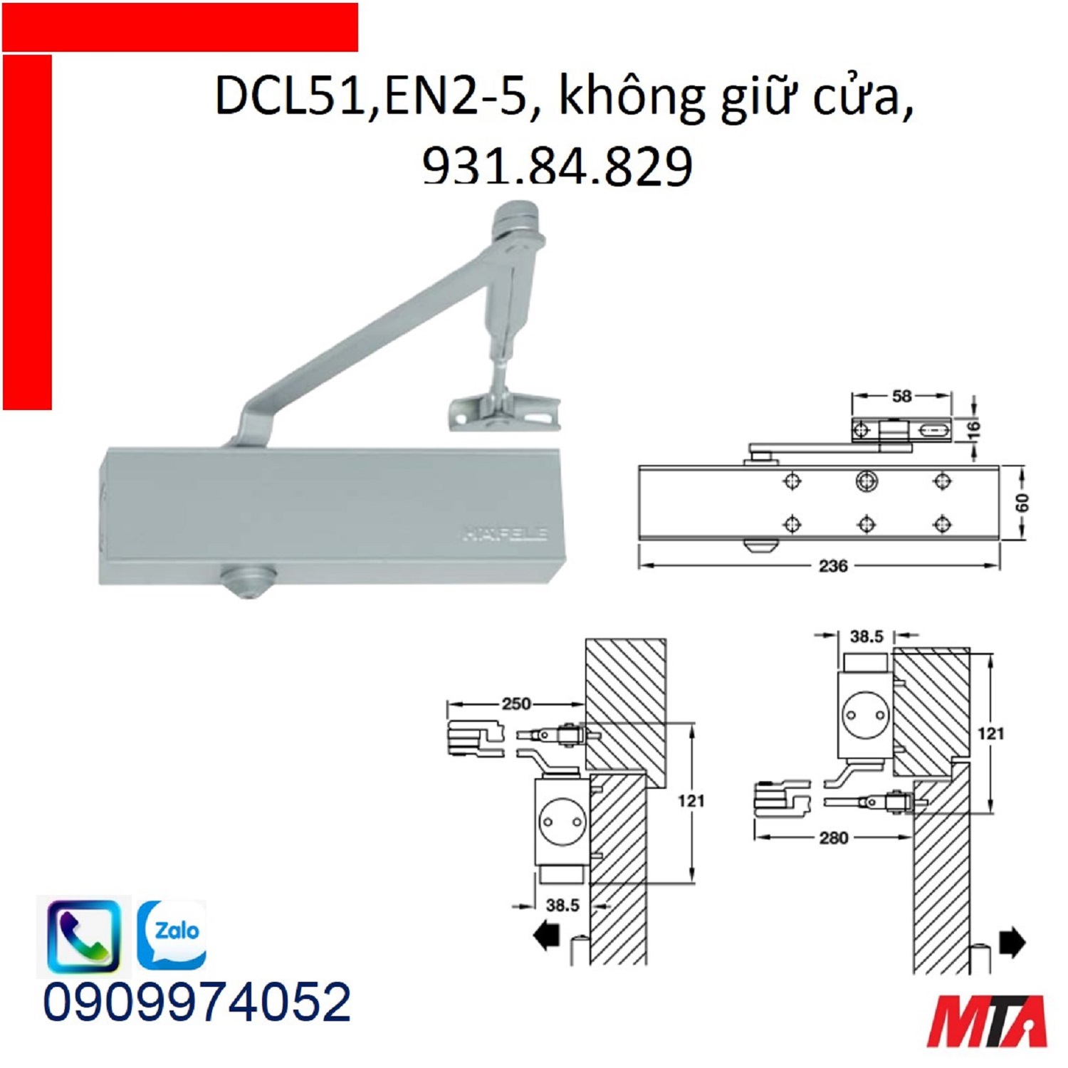 Cùi chỏ hơi hafele 931.84.829  giữ cửa cửa nặng tối đa 100kg rộng max 1250mm