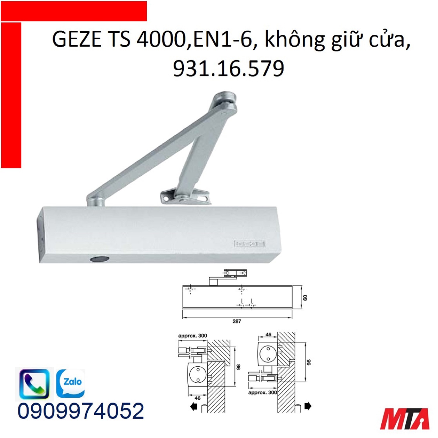 Tay co thủy lực hafele 931.16.579 không  giữ cửa cửa nặng tối đa 200kg rộng max 1400mm