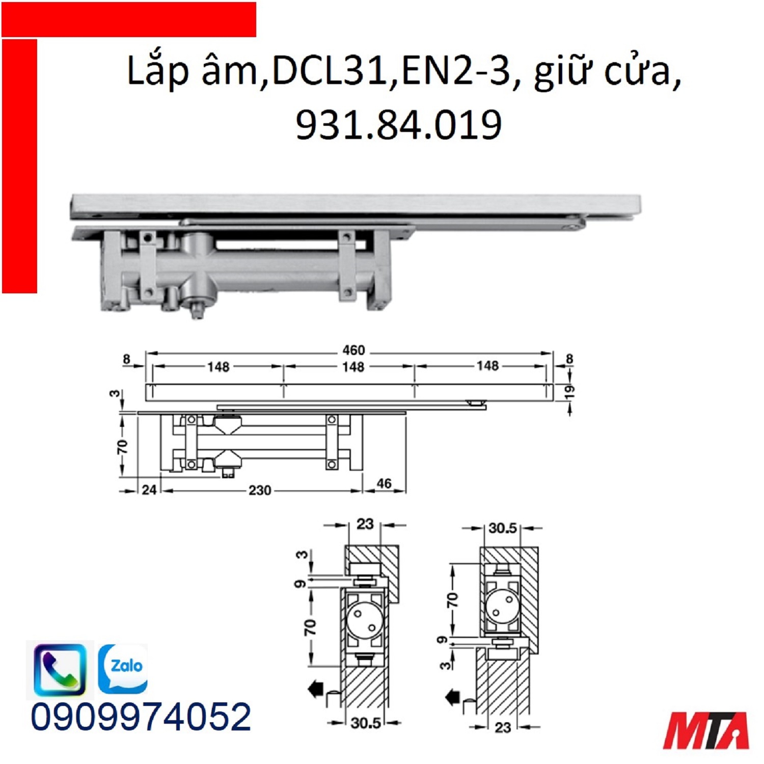 Tay co thủy lực hafele 931.84.019 giữ cửa lắp âm cửa nặng tối đa 60kg rộng max 950mm