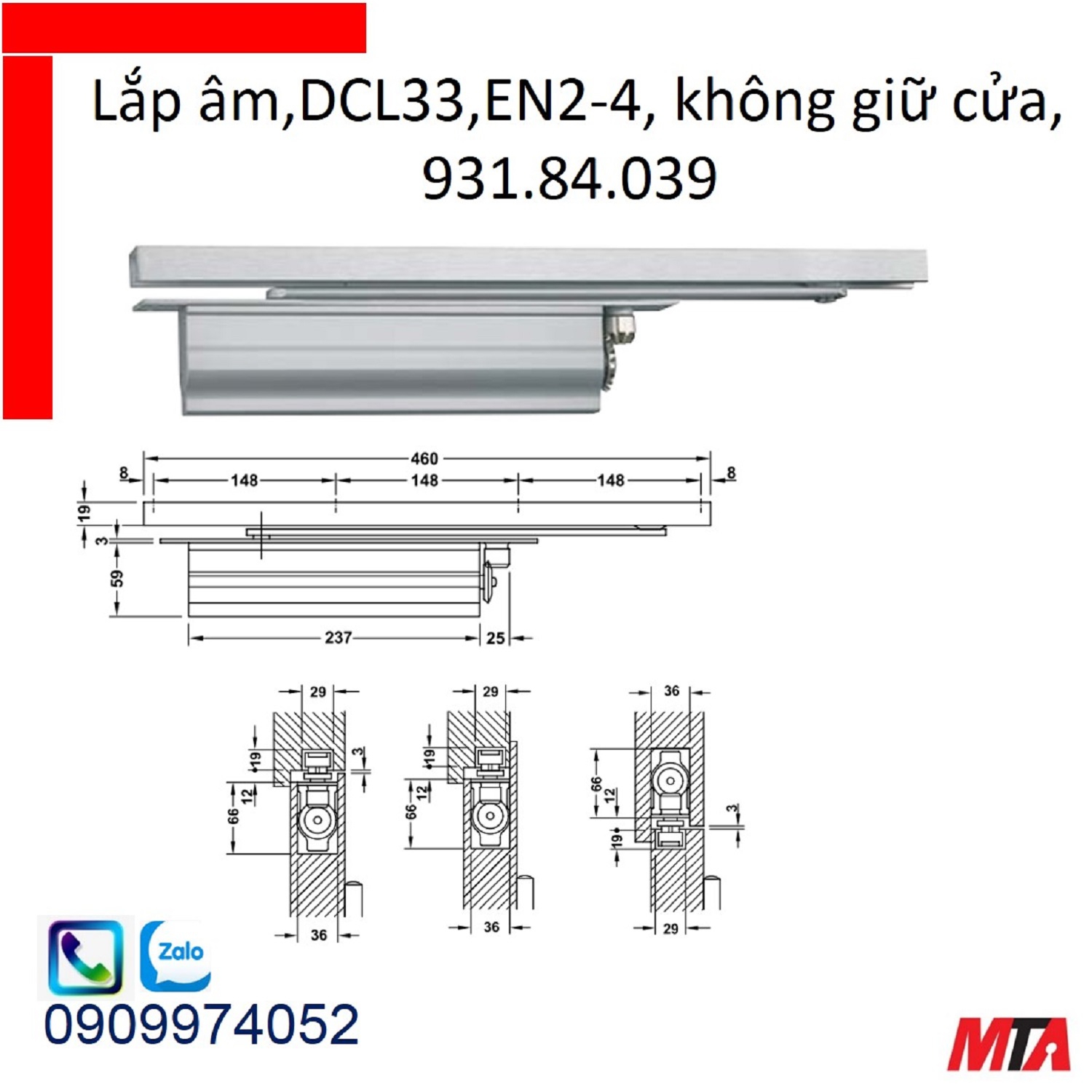 Tay co thủy lực hafele 931.84.039 không giữ cửa lắp âm cửa nặng tối đa 80kg rộng max 1100mm