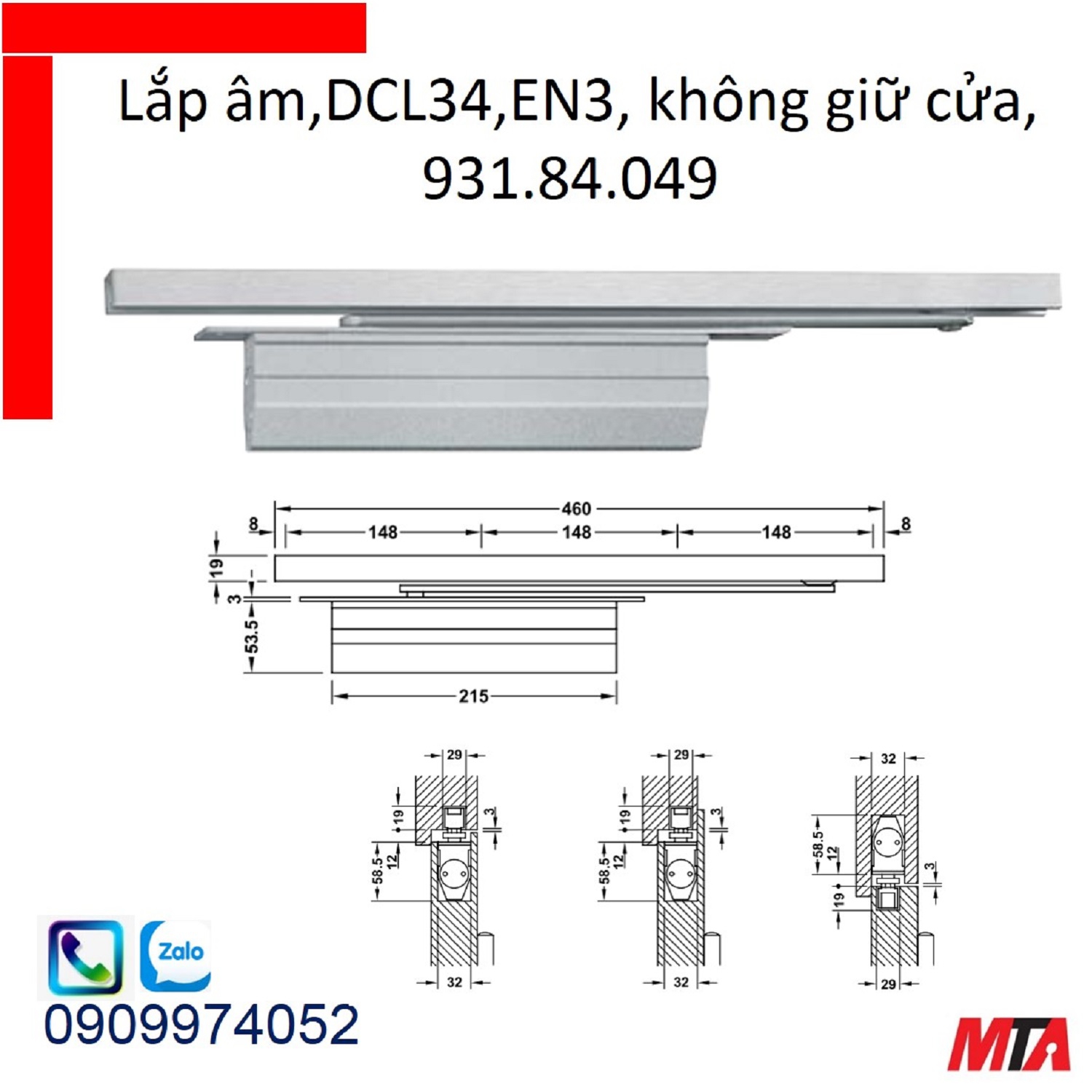 Tay co thủy lực hafele 931.84.049 không giữ cửa lắp âm cửa nặng tối đa 60kg rộng max 950mm