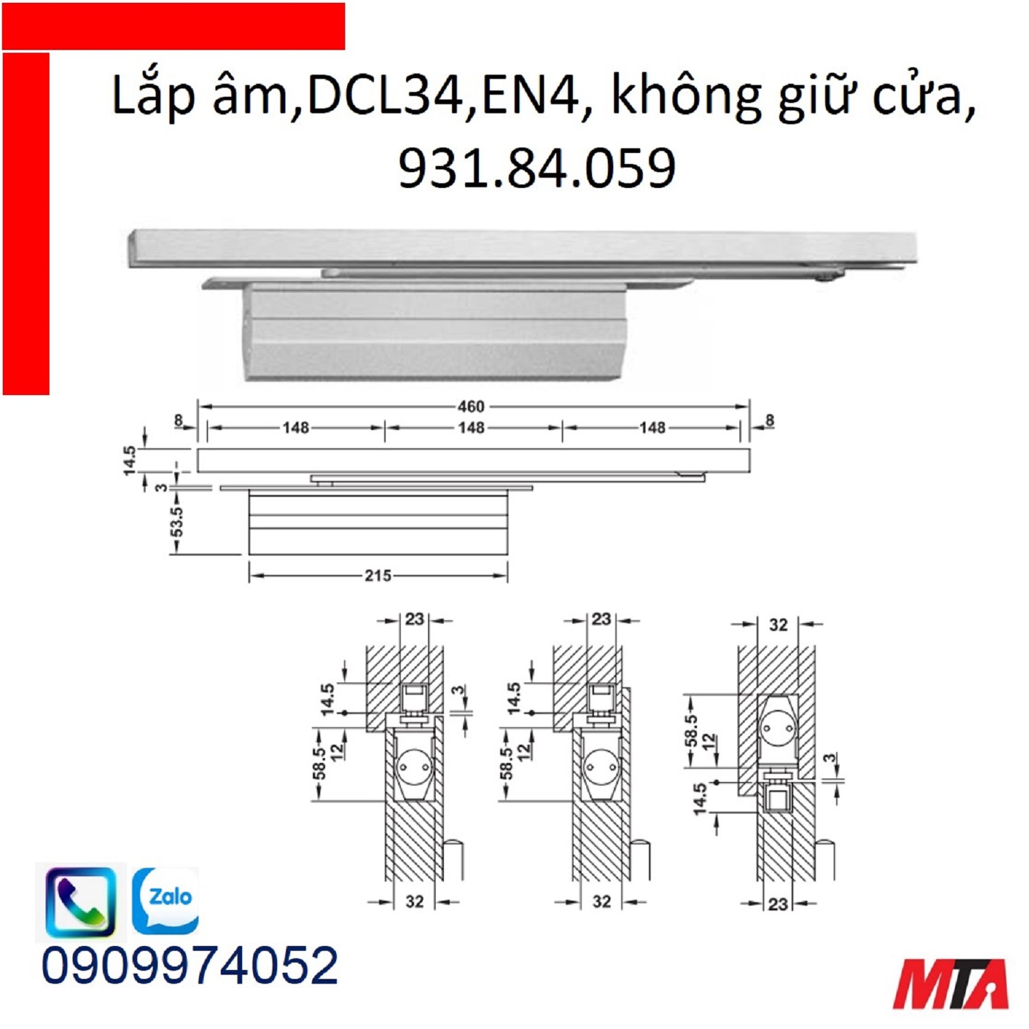 Tay co thủy lực hafele 931.84.059 không giữ cửa lắp âm cửa nặng tối đa 80kg rộng max 1100mm